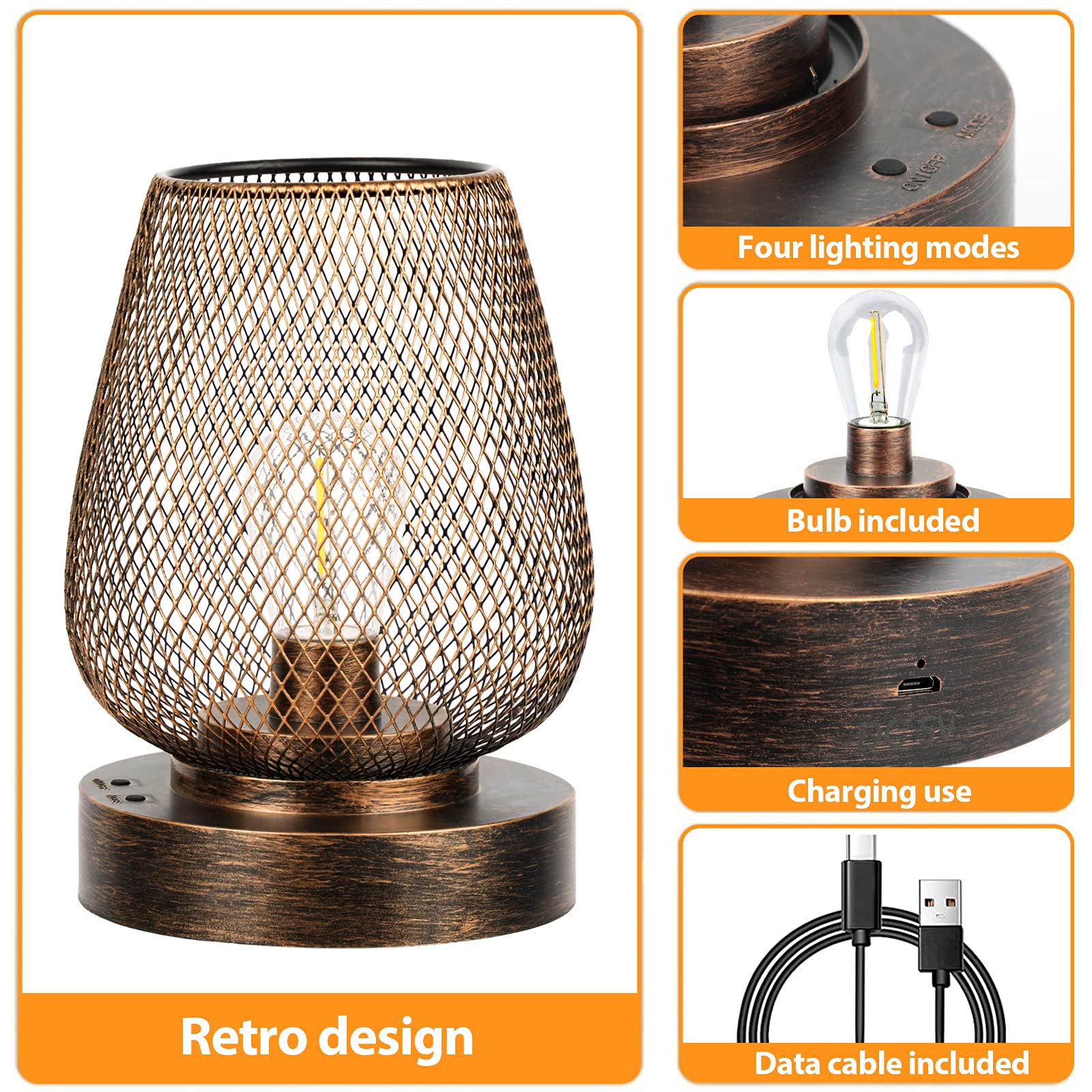 UBright Battery Operated Outdoor Table Lamp, Metal Cage, 4 Lighting Modes, 2 Pack, A-Bronze