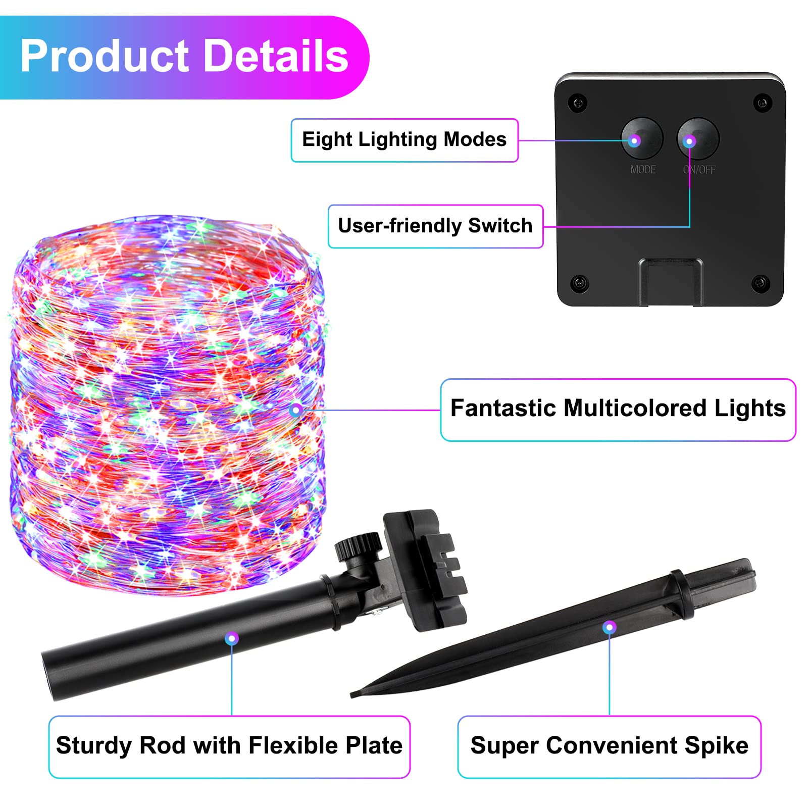 Brightever Solar String Lights 288FT, 200 LED Multicolor Fairy Lights, Waterproof, 8 Modes, Model BX-DC200