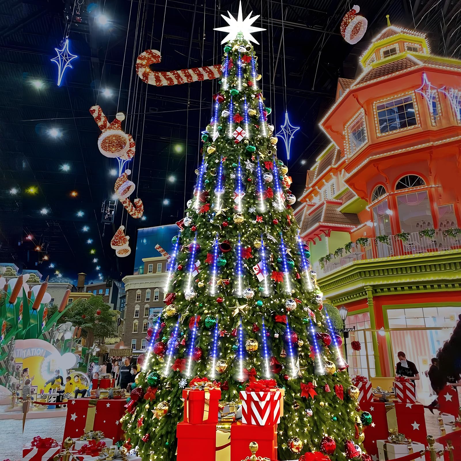 Knonew 2Pack Total 48 Tube Meteor Shower Lights 15 In 672 Leds Christmas Lights Outdoor Waterproof Plug In Falling Rain Light For Xmas Tree Wedding Party Garden Decorations (Blue And Cool White)