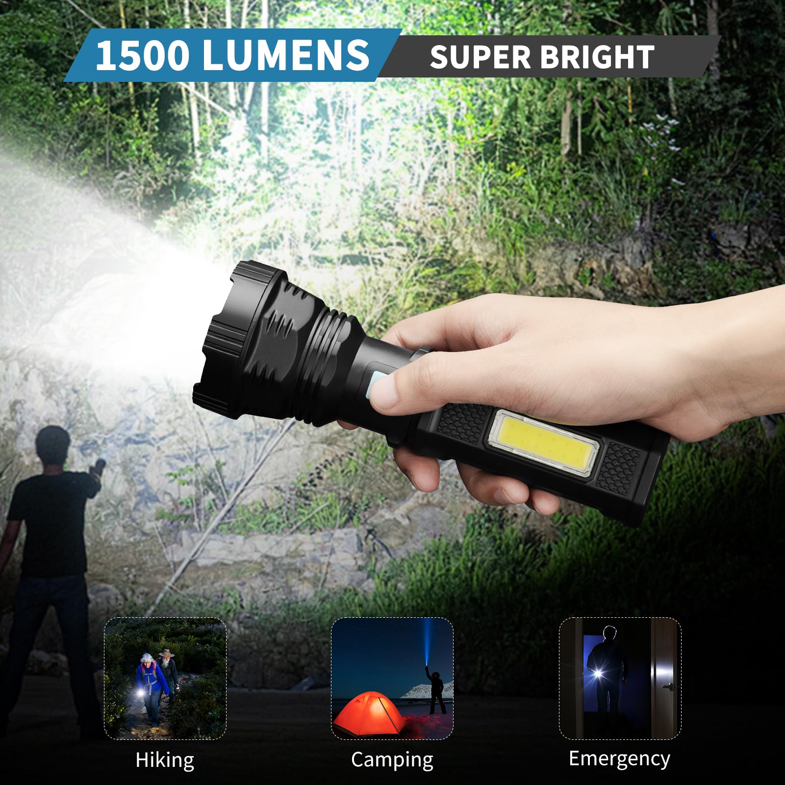 Voetir Led Solar Flashlight, 1500 Lumens Led Solar Handheld Rechargeable Flashlights With Ip65 Waterproof, 2000Mah Battery For S