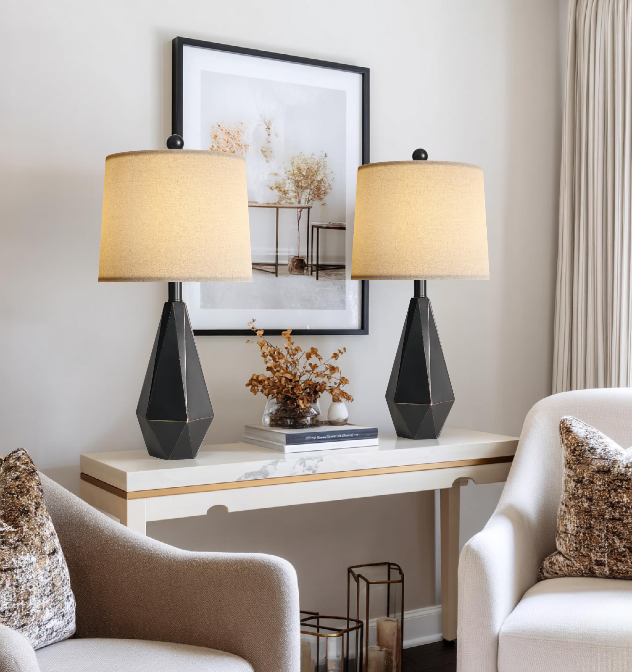 Pokat 23'' Farmhouse Table Lamps Set Of 2, Black Bedside Lamps For Bedroom Night Stands, Modern Nightstand Lamps For Living Room