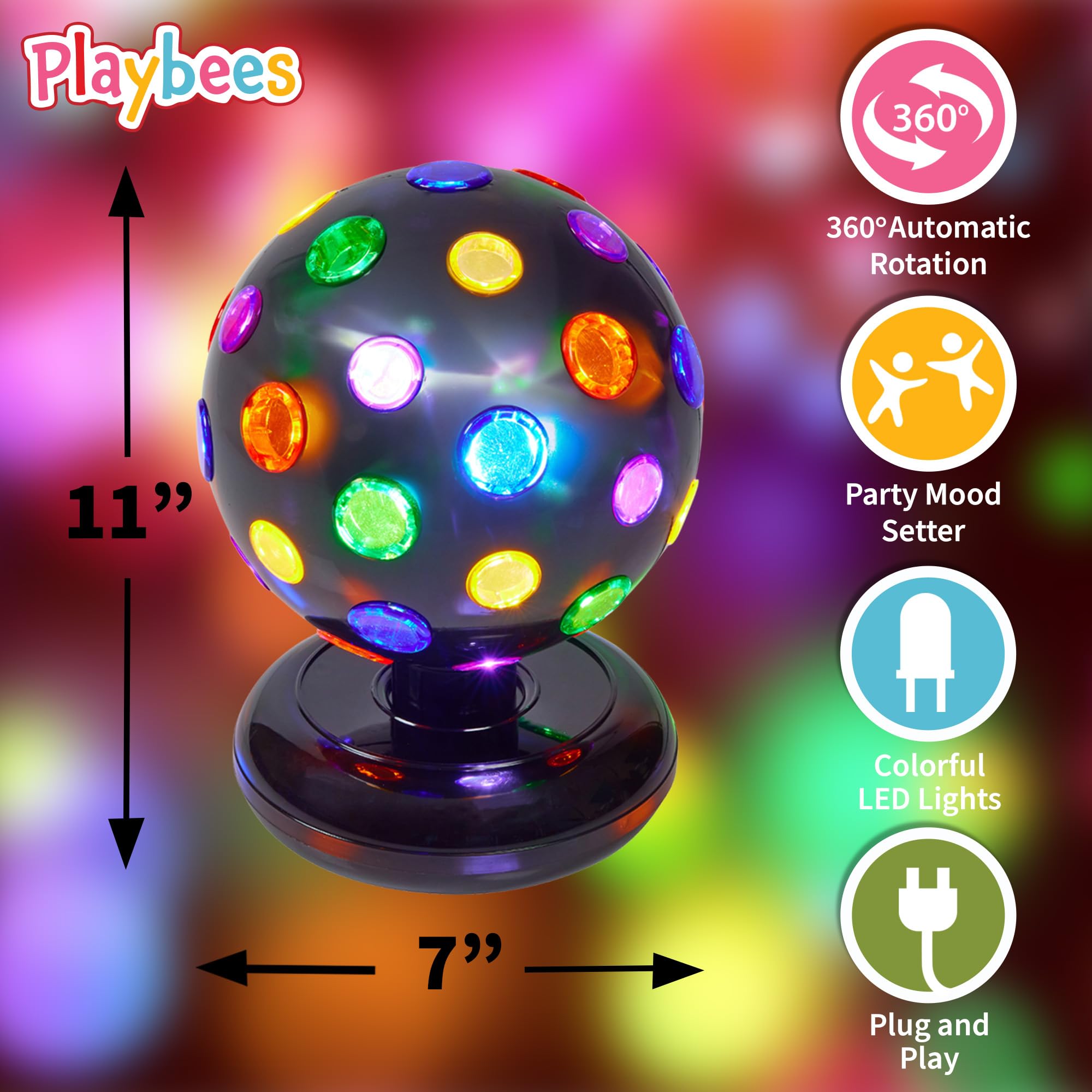 Playbees Rotating Disco Ball with LED Lights - 11in Multicolor Plastic - Dance Party Supplies & Accessories - Model 850054681546