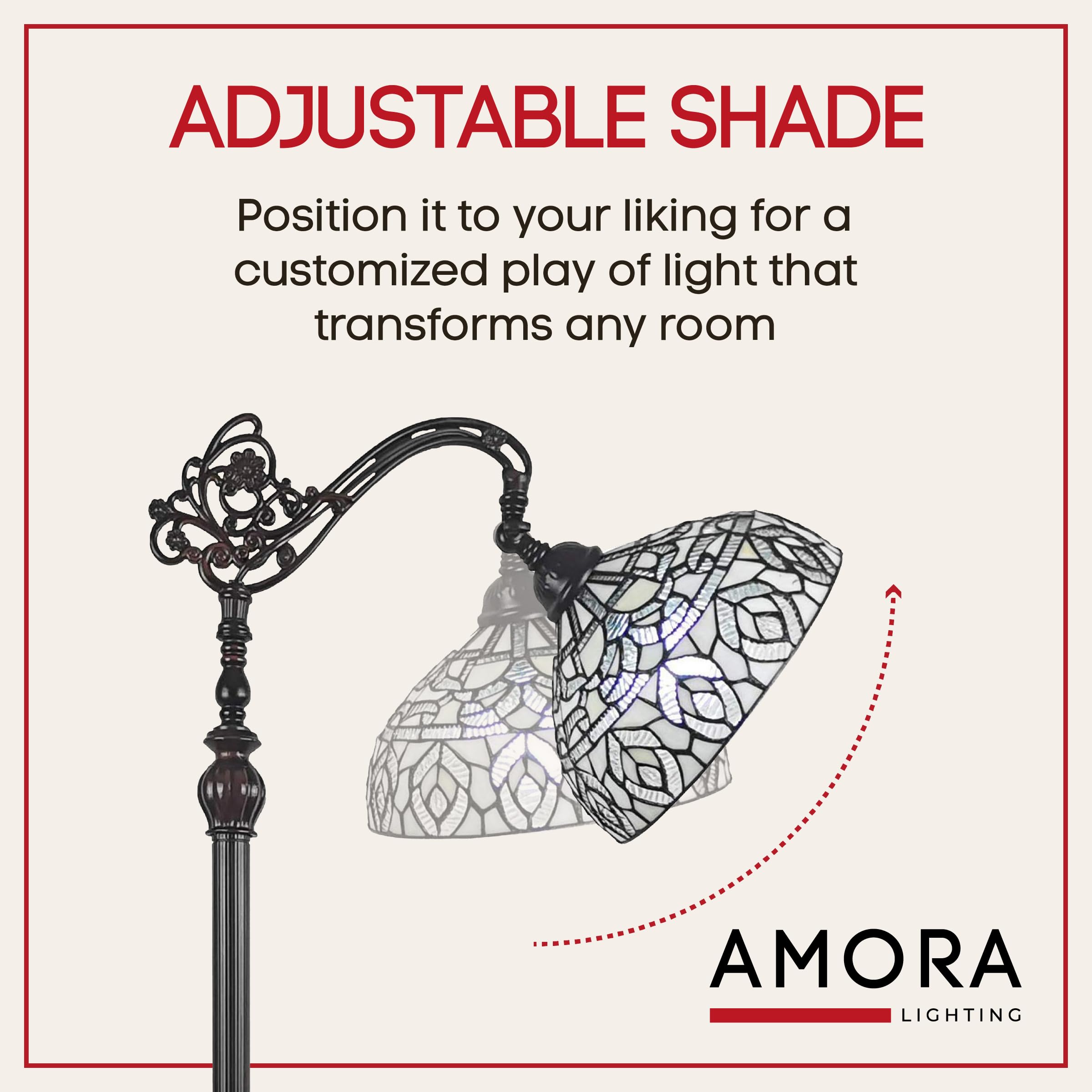 Amora Tiffany Floor Lamp - Arched Stained Glass 62” - Adjustable Shade, Foot Switch - White Mahogany, 12" Diameter, Model AM277FL12B