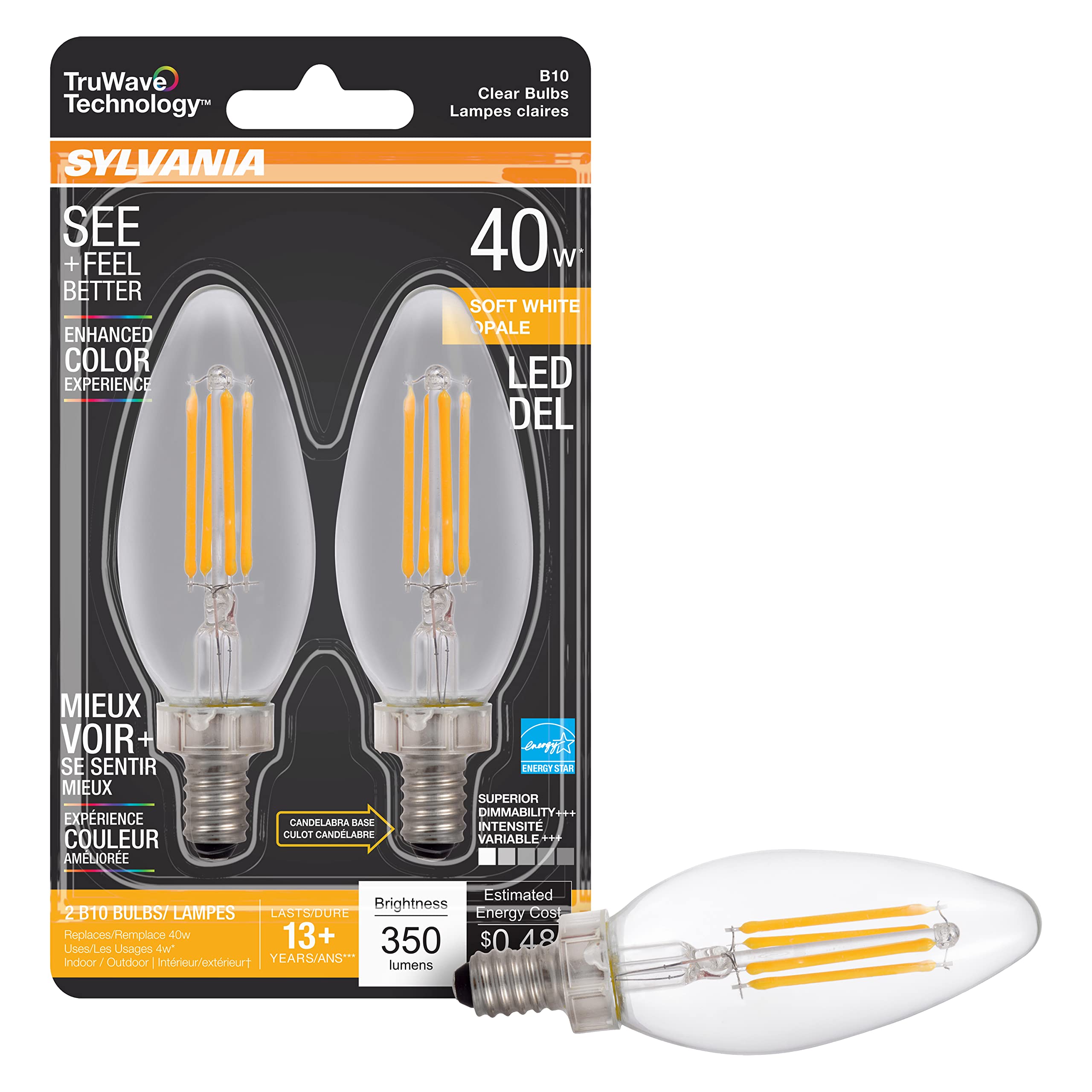 LEDVANCE SYLVANIA LED TruWave B10 Chandelier Light Bulb, 40W Equivalent, Dimmable, Soft White, 2 Count, Model 40794