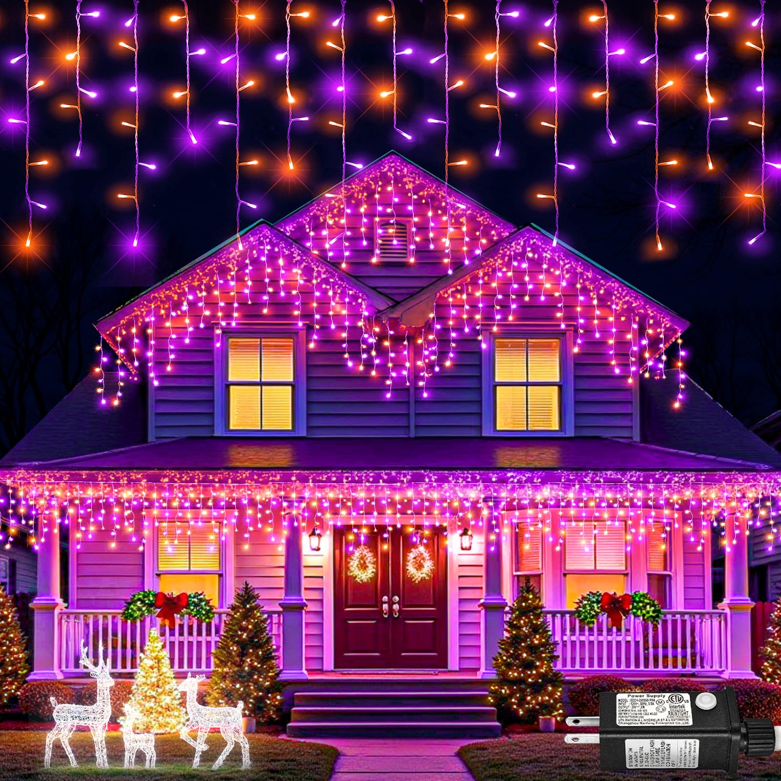 Nielfoi Christmas Lights Outdoor 400LED Icicle Lights 33ft Orange and Purple Clear Wire Holiday Decor