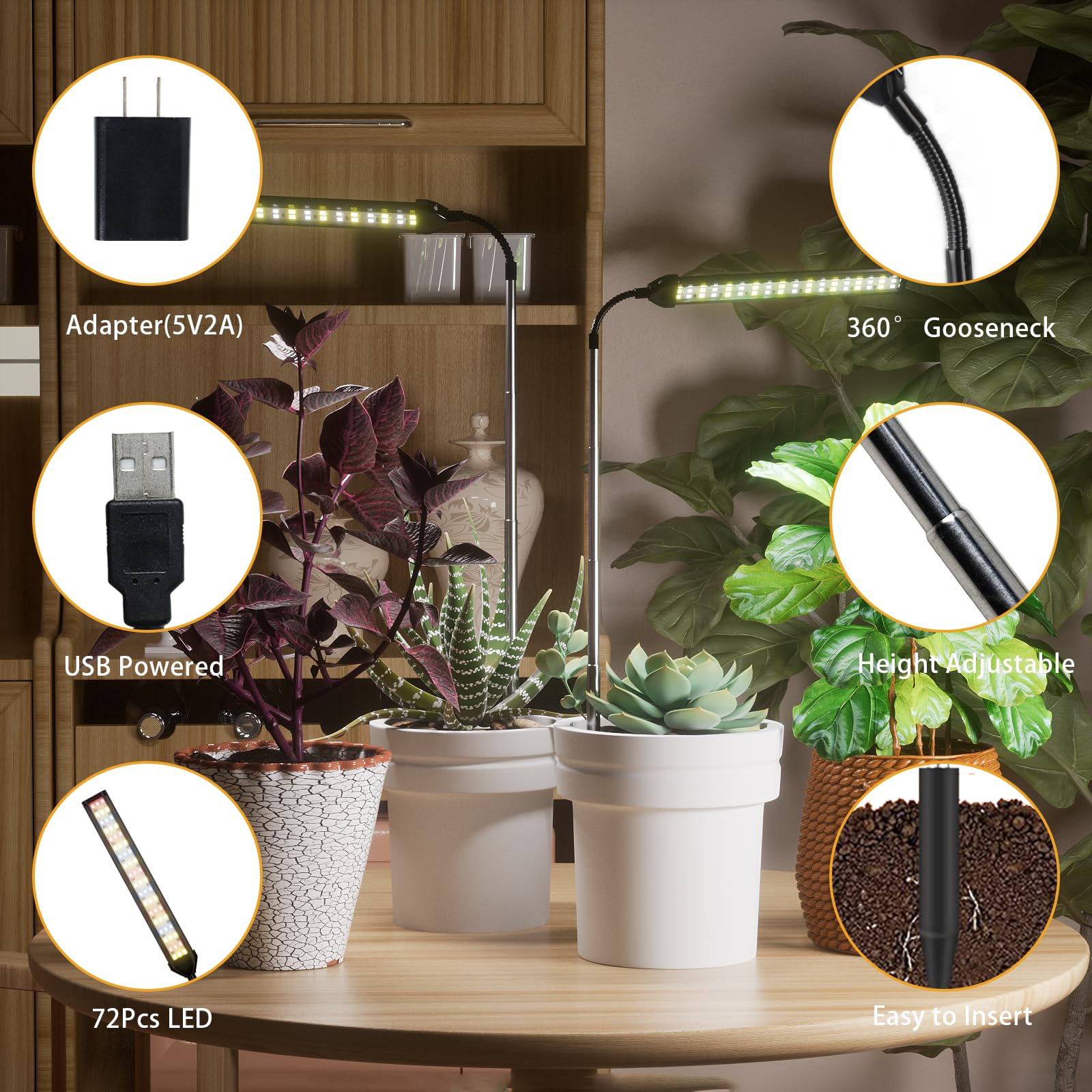 Weeleegoo Led Grow Light 2 Pack, 6000K White Full Spectrum 144 Led Gooseneck Growing Lamp For Indoor Plants Growth,4 8 12 18Hrs Timer & Brightness Changeable,Insert Pole Extendable 4-10''