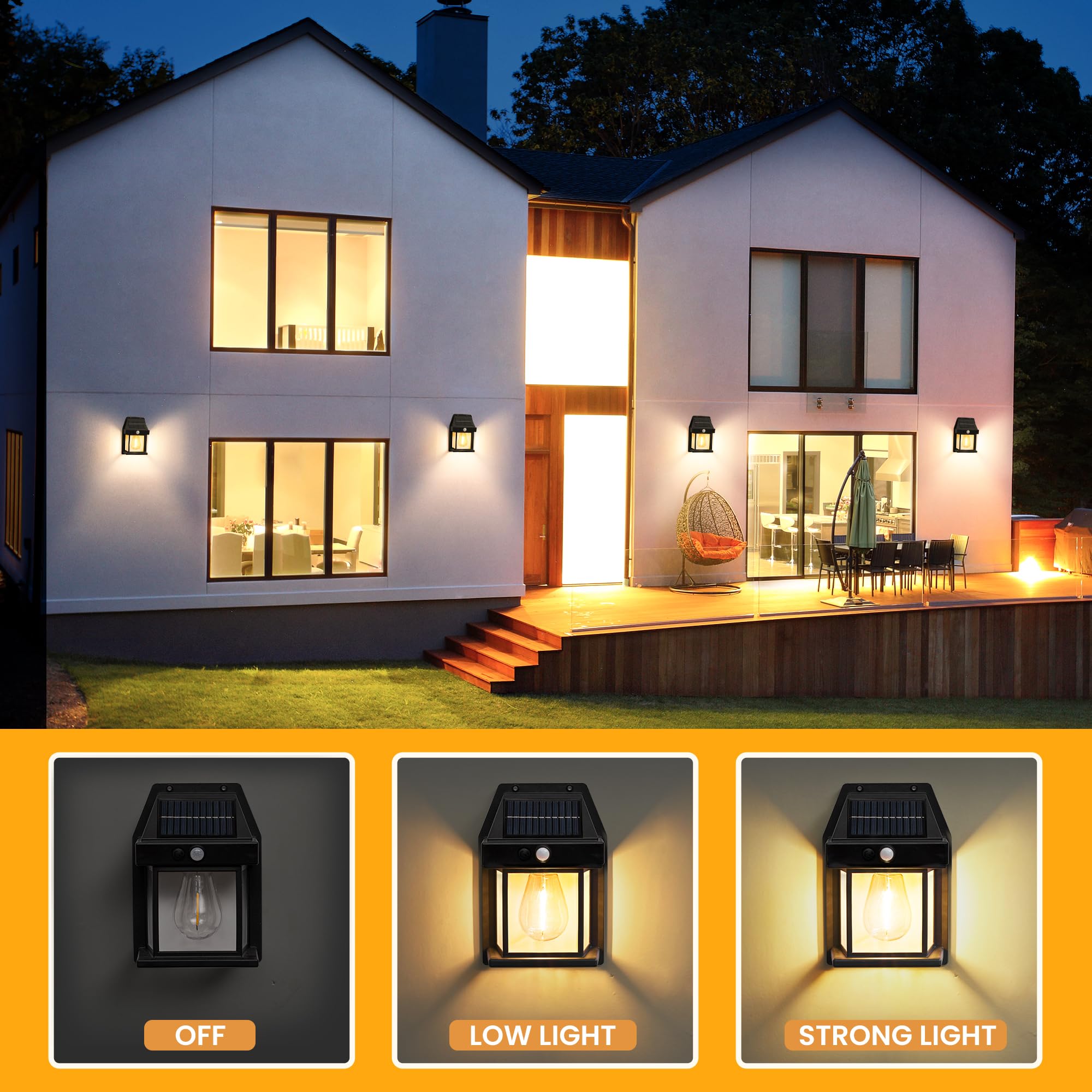 GIGALUMI Solar Wall Lights - 4 Pack Motion Sensor, Waterproof, Dusk to Dawn, Black Shell, Model 9458 for Patio, Garage, Shed