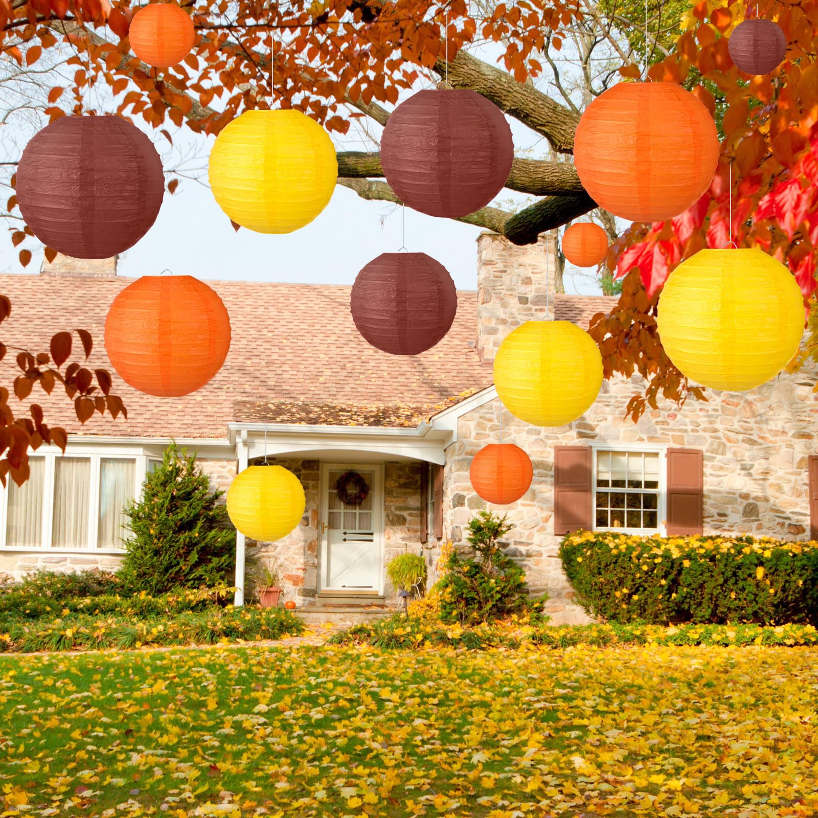 Chuangdi 12 Pcs Thanksgiving Paper Lanterns Decorations Fall Paper Lanterns Thanksgiving Hanging Yellow Orange Brown Party Decoration For Harvest Theme Birthday Indoor Outdoor