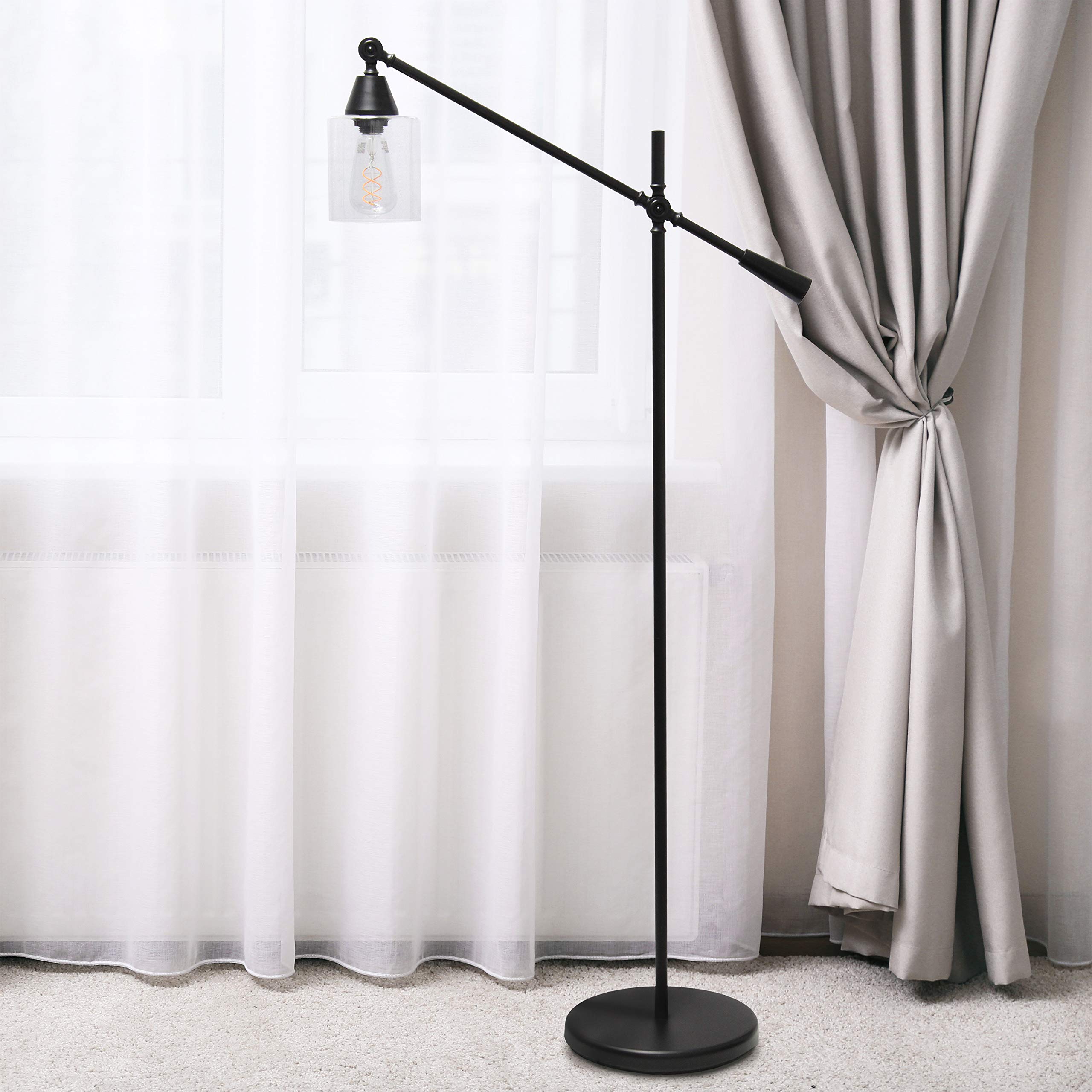 Elegant Designs Floor Lamp, Pivot Arm, Glass Shade, 30inL x 11inW x 56inH, Metal, Black, Model LF1030-BLK