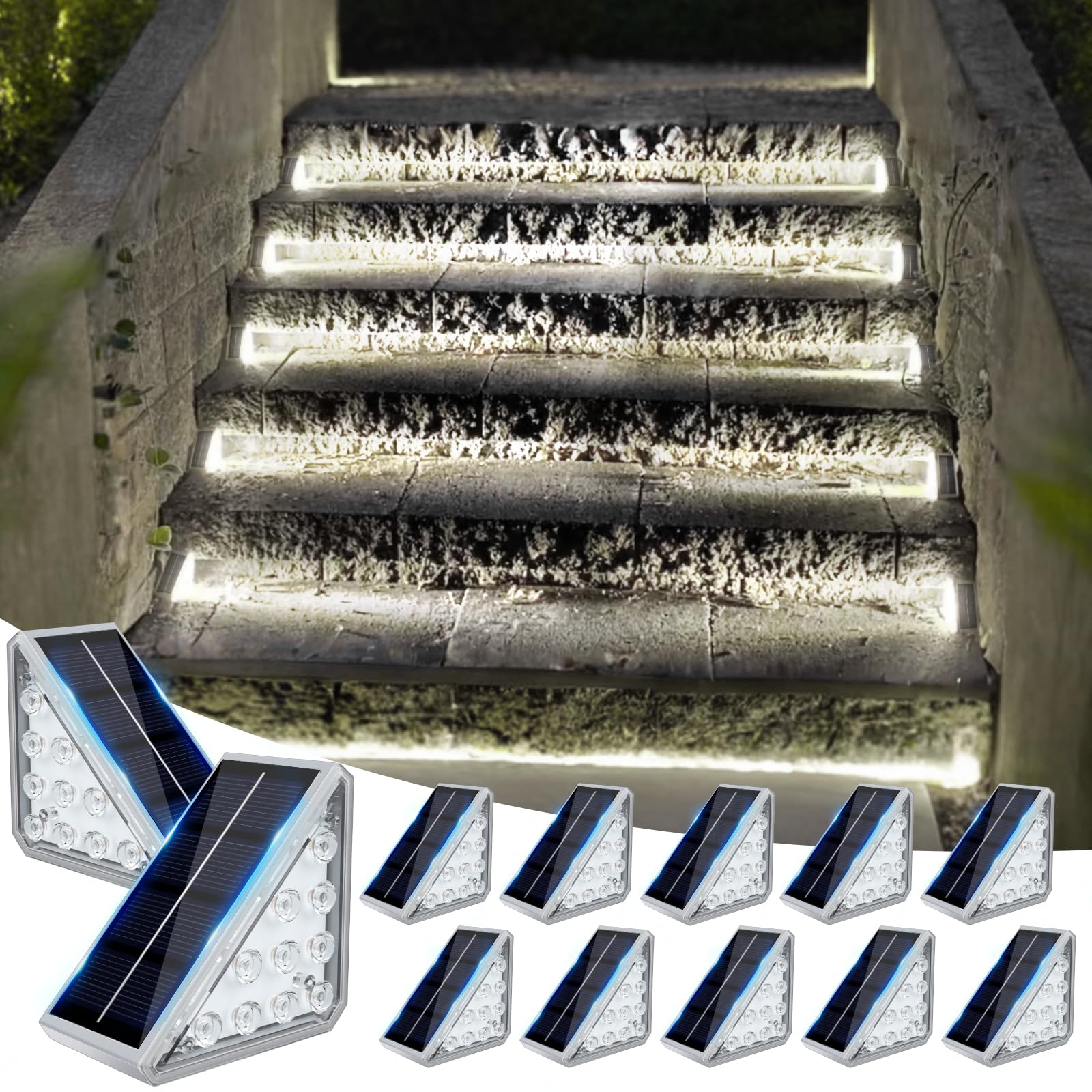 JOFIOS Solar Stair Lights, 12-Pack Waterproof IP67, Cool White, Outdoor Step Lights, Model 61204, Acrylonitrile Butadiene Styrene