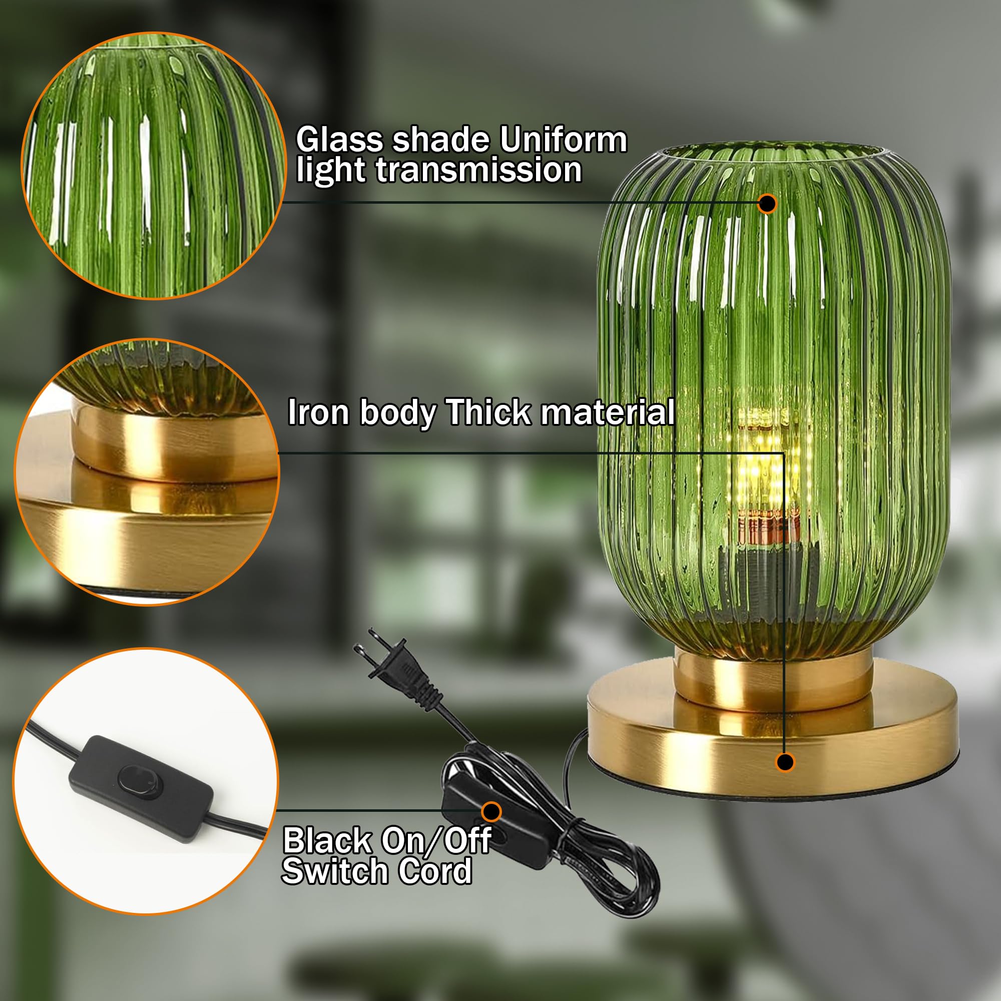 DoungRos Glass Table Lamp - Green Mid Century Modern Design, 10.6" Ribbed Glass Nightstand Light for Bedroom, Living Room, Office