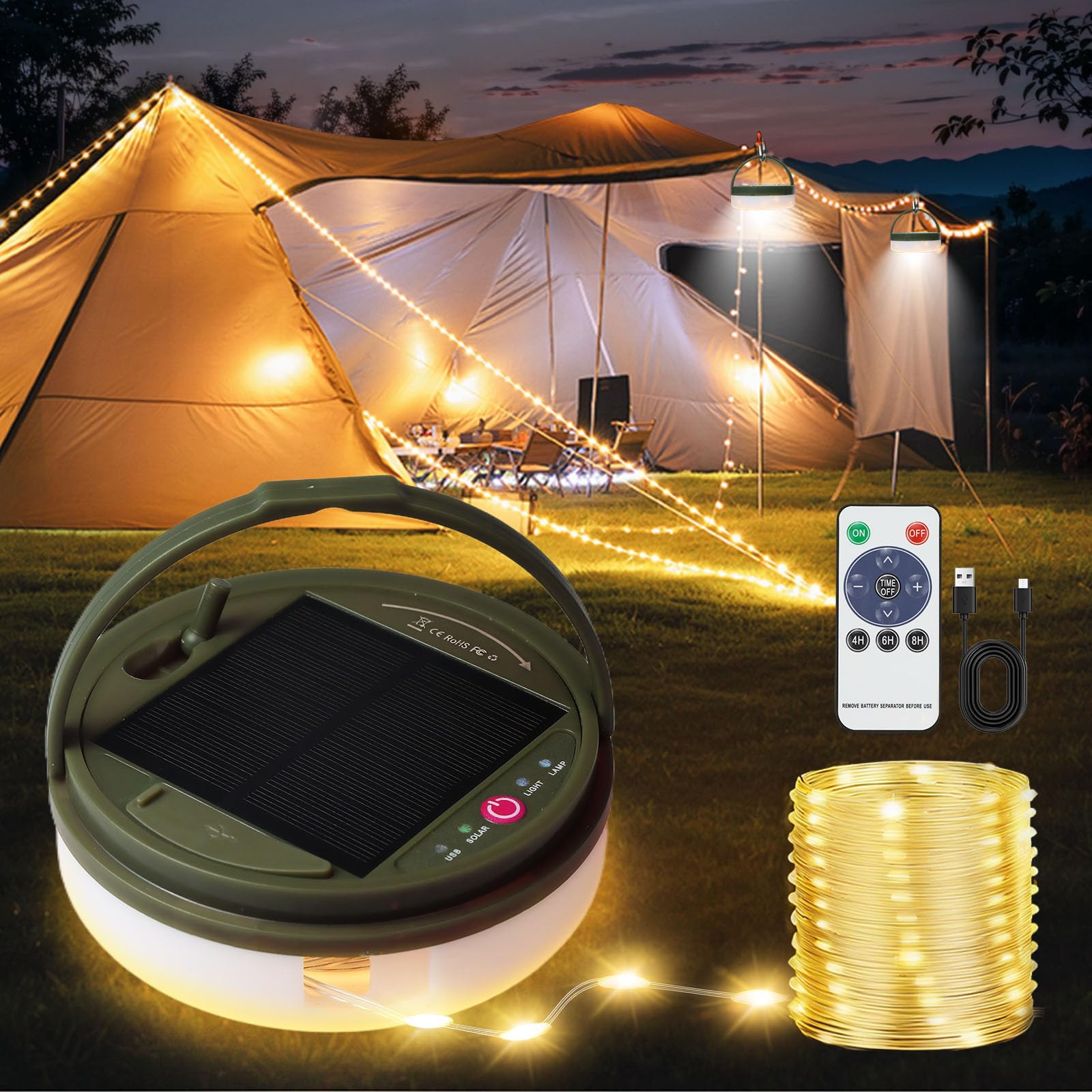 MDCMLKS Solar Camping String Lights, 39.4FT, Waterproof, 8 Lighting Modes, USB Rechargeable, Green, Model SCSL-1