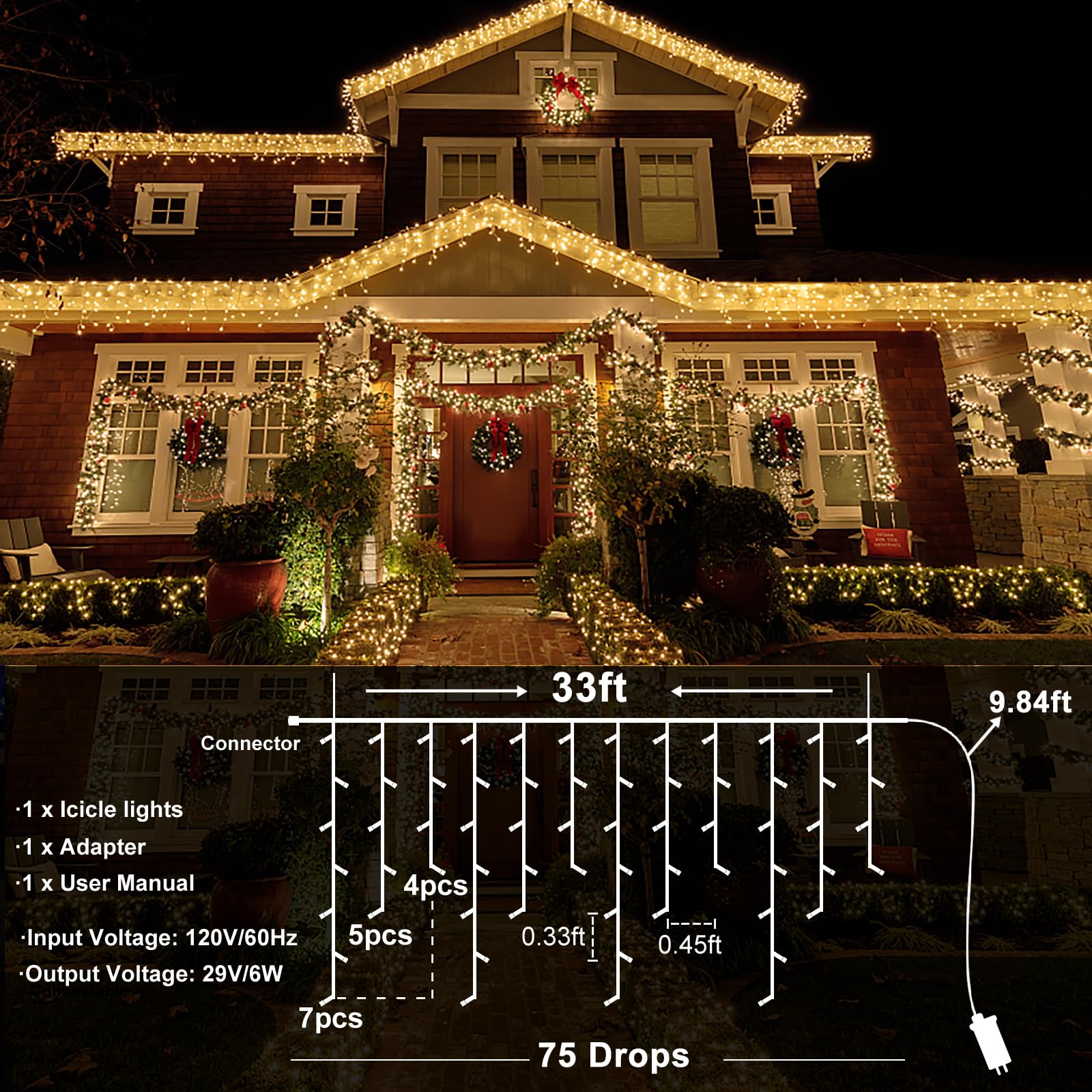 Vivideal Icicle Christmas Lights, 33ft 400 LED, Warm White, Plug-in, 8 Modes Timer, Waterproof for Holiday Decor