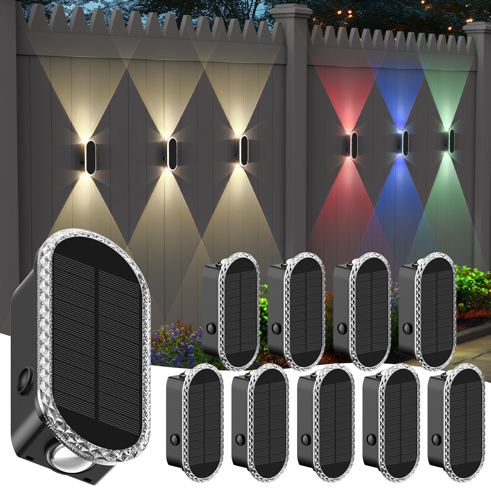 Herzila 10 Pack Solar Fence Lights-Rgbw Solar Powered Fence Wall Lights Waterproof 8-Color Changing Top And Bottom Lighting Wall Lights For Outdoor/Patio/Porch/Pool Cage