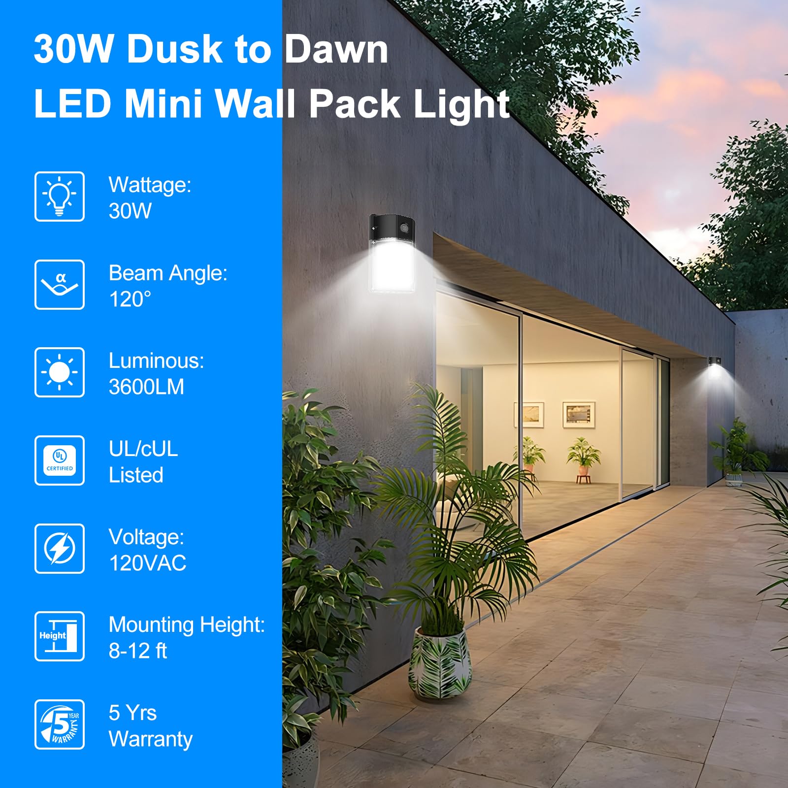 G Gjia 30W Led Wall Pack Light  Dusk To Dawn Outdoor Lighting Sensor  3600Lm  5000K  Led Outdoor Wall Lights  120Vac Ip65 Waterproof Security Flood Light For Commercial  Porch  Garage  Garden  6 Pack