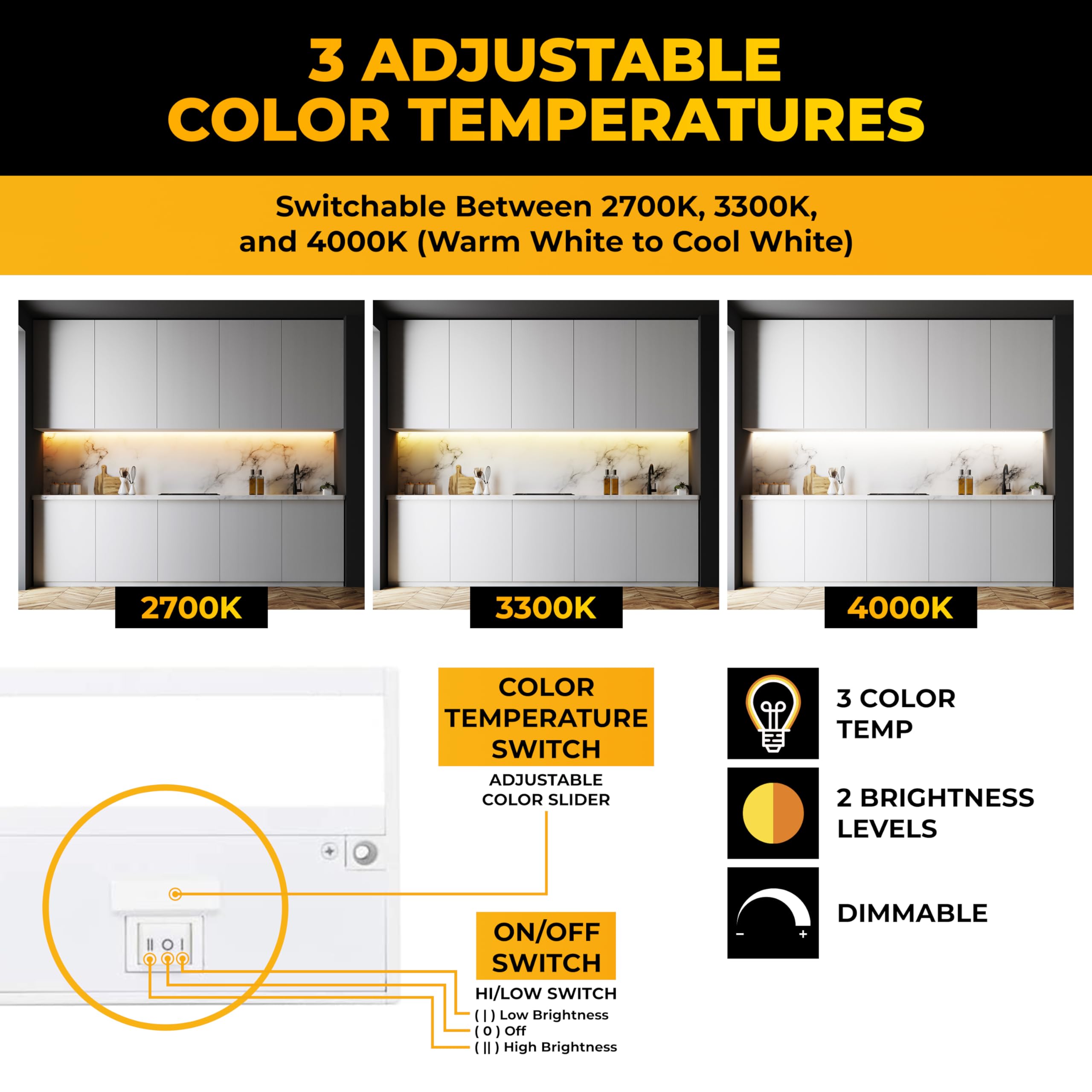 NSL LED Under Cabinet Lighting - Dimmable, 3 Color Temperatures, 24 Inch, White Finish, Model LTSPRO-24-WH