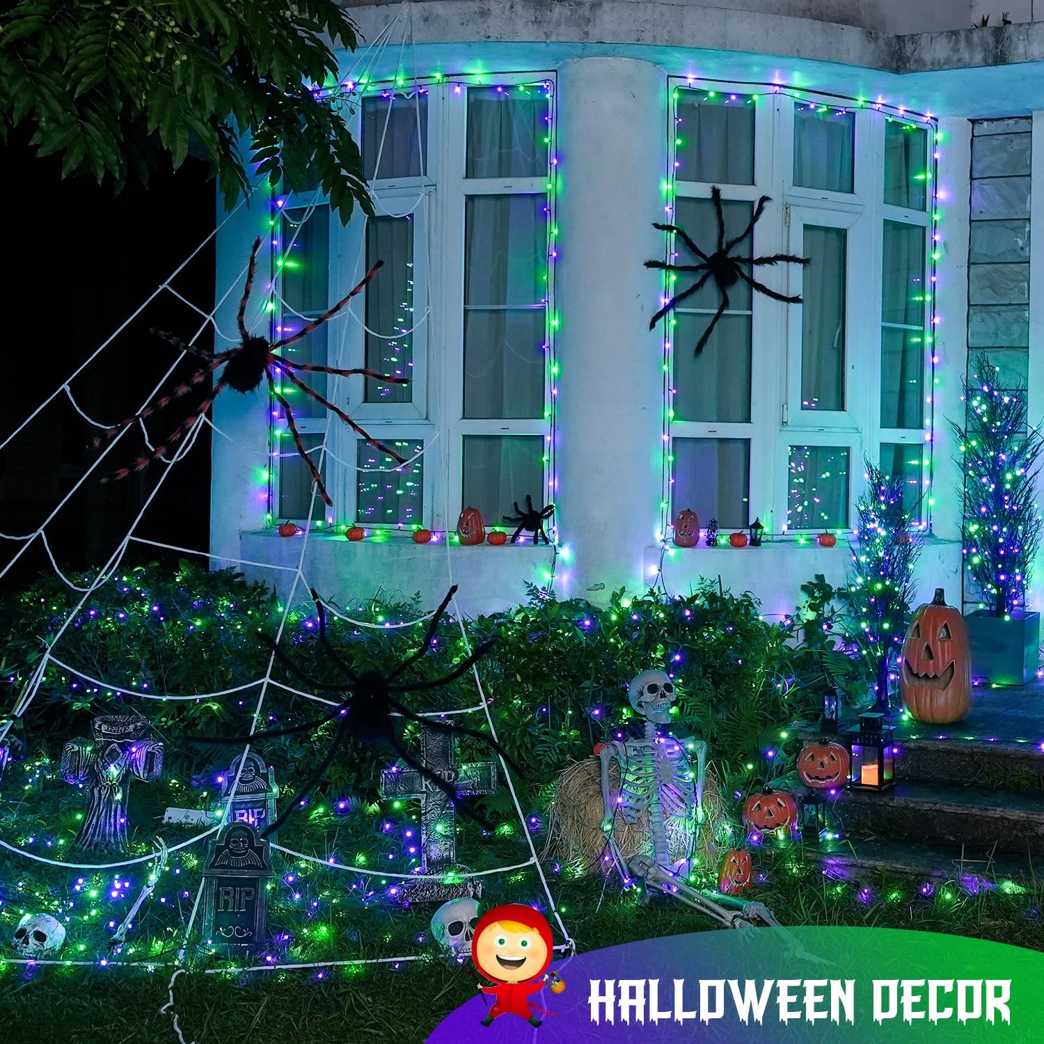 JMEXSUSS Halloween String Lights, 200 LED, 66ft Connectable, Purple and Green, 8 Modes, Waterproof for Indoor/Outdoor Decor