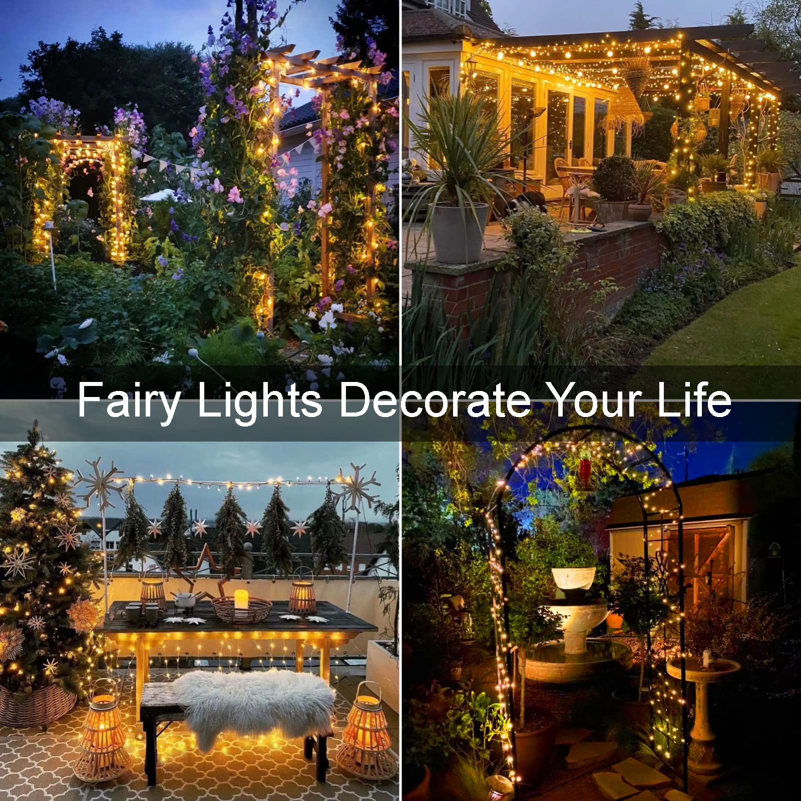 YEGUO Solar String Lights, 100 LED Warm White, 33ft, Waterproof, 4 Pack, Silver Wire
