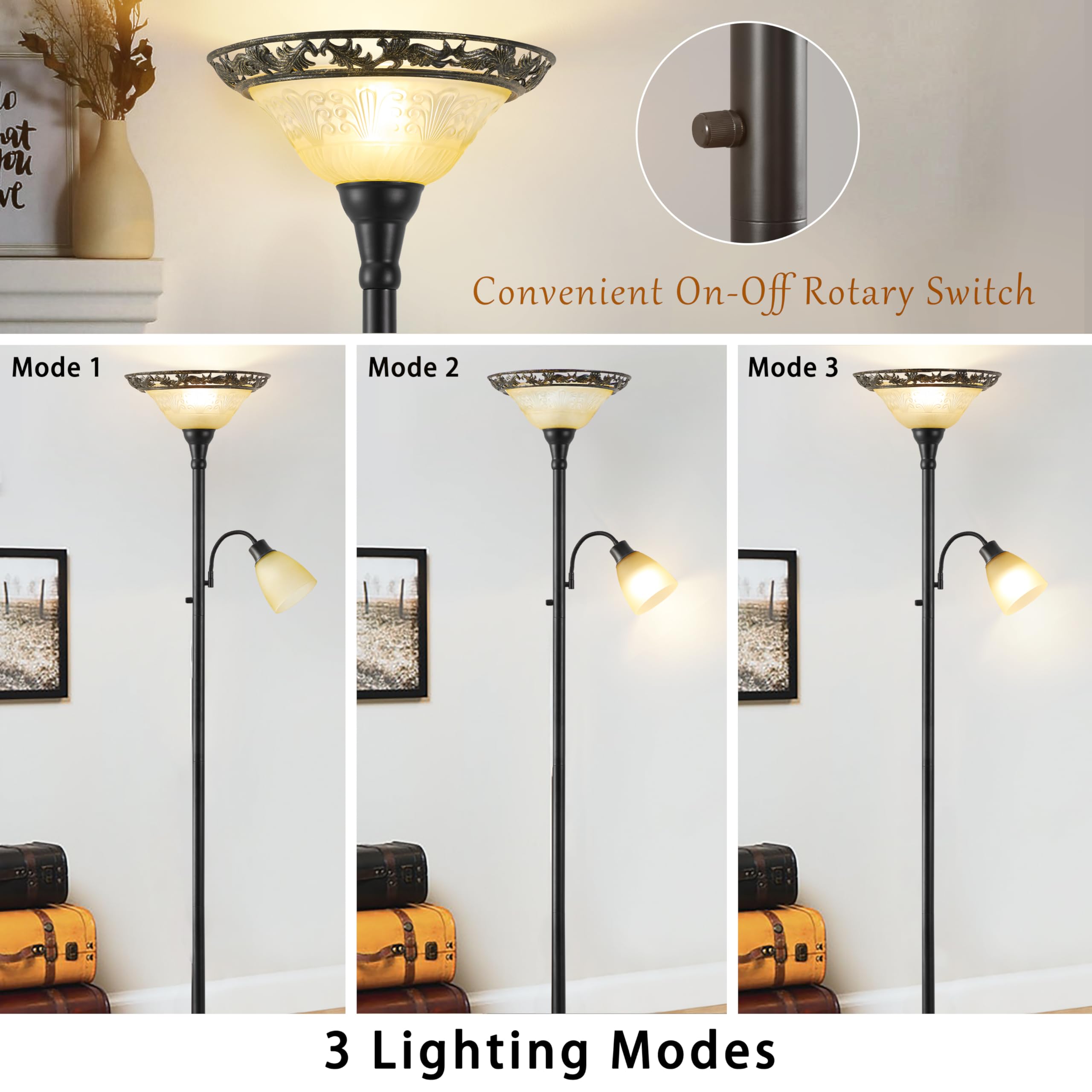 Luvkczc Torchiere Floor Lamp, 70in Vintage Metal Stand, Etched Glass Shade, Black & Yellow, Model 31001