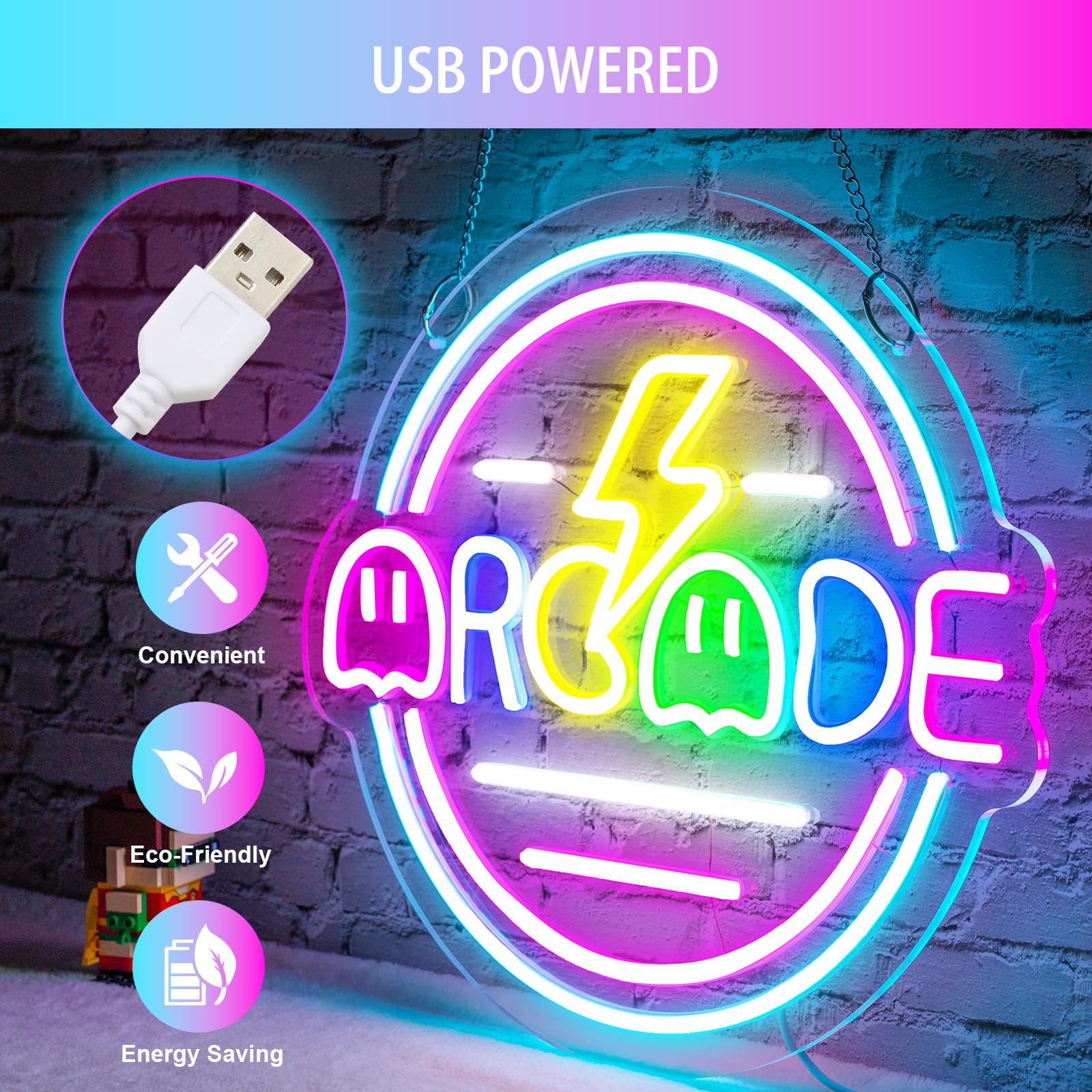 Basaneon Gamer Neon Sign, Dimmable LED Wall Decor, 13.3inx13.3in, C-Arcade, Model ZF-ARCADE, USB Powered, Best Gifts for