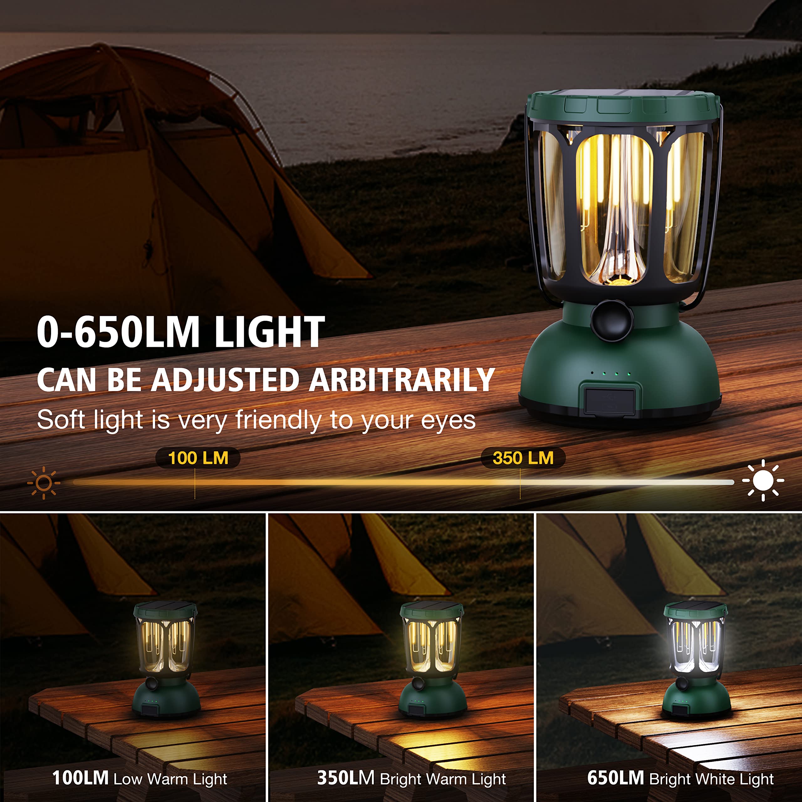 Raynic 6000 LED Camping Lantern - 650LM Hand Crank Solar Rechargeable, Green, ABS Material, Perfect for Emergencies and Power Failures