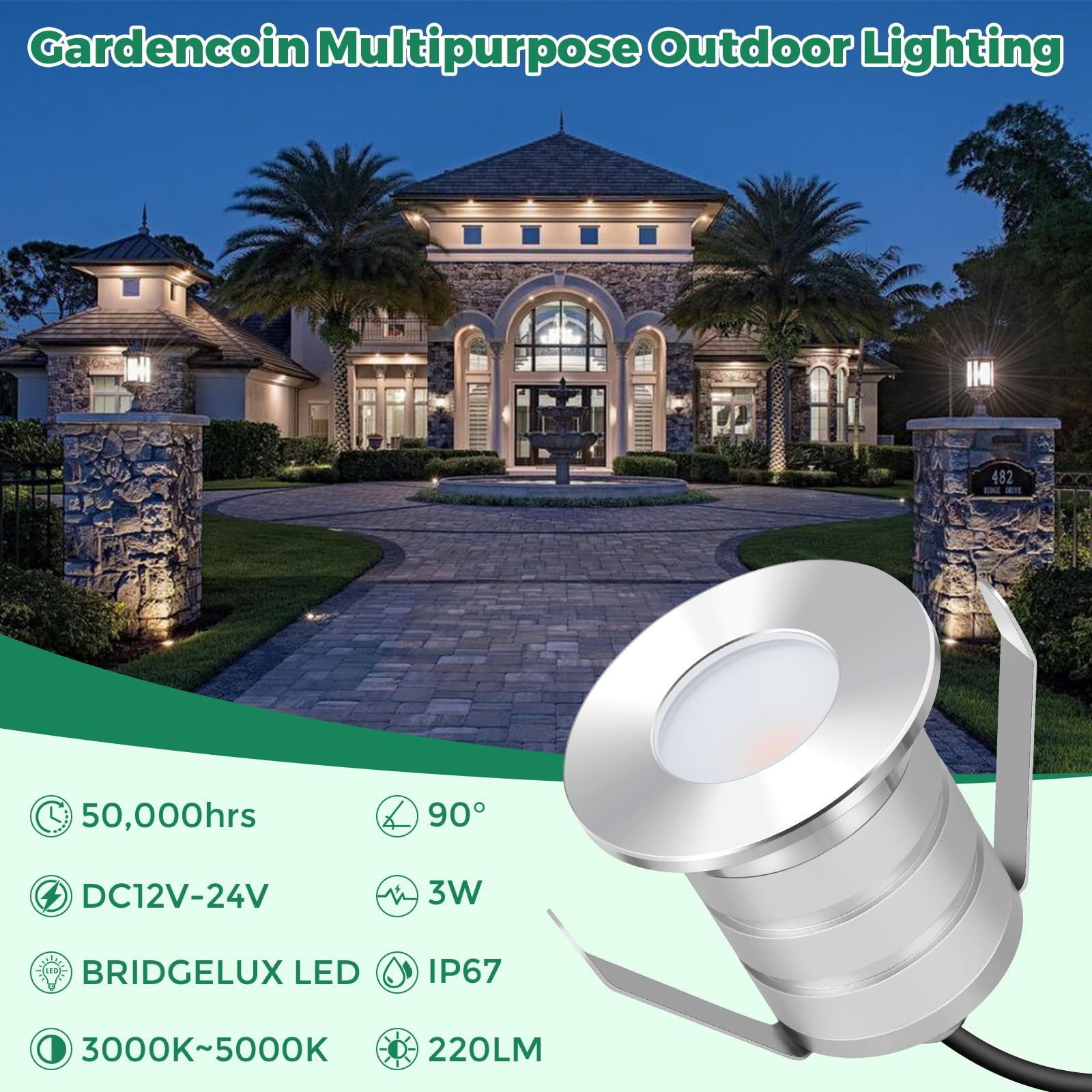 Gardencoin Outdoor LED Lights, 3W Low Voltage In-Ground Soffit & Deck Lighting, 1.89" Solid Metal, 5000K Cool White, 6-Pack