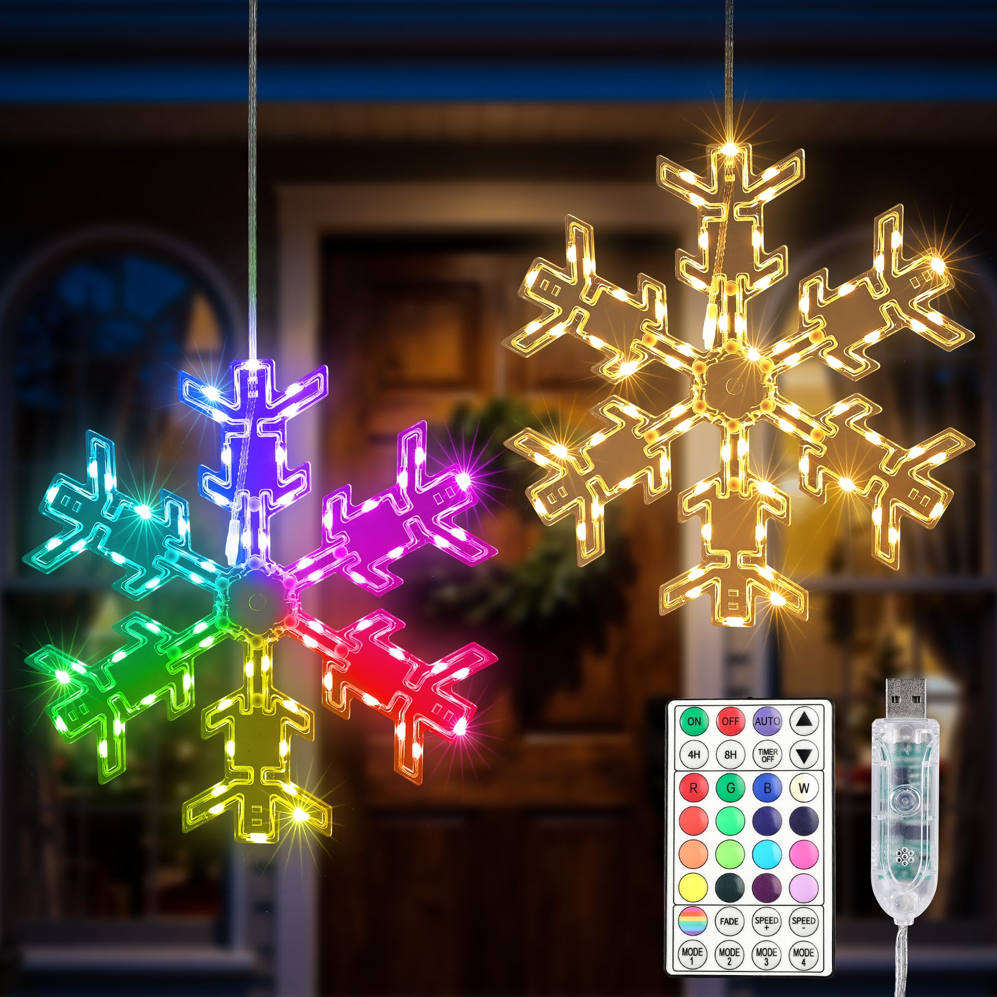 ODEETRONIC Snowflake Window Silhouette Lights, 2 Packs 12 Folding RGB Christmas Window Hanging Lights with Remote, 61 Mode Color