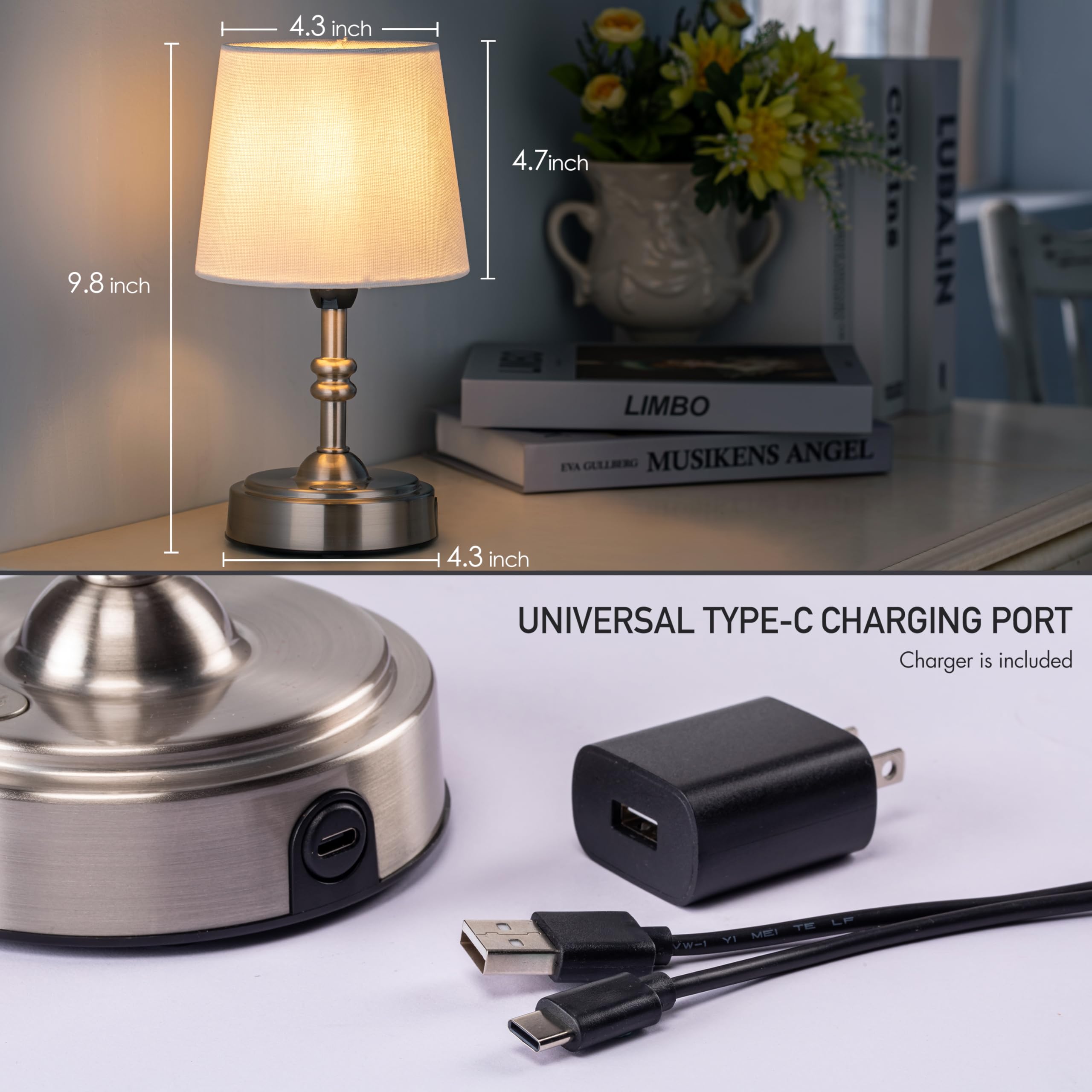 OBright Seraph Mini Cordless LED Table Lamp, Dimmer, 3-Level Brightness, Brushed Nickel, Model OB-TL19BS