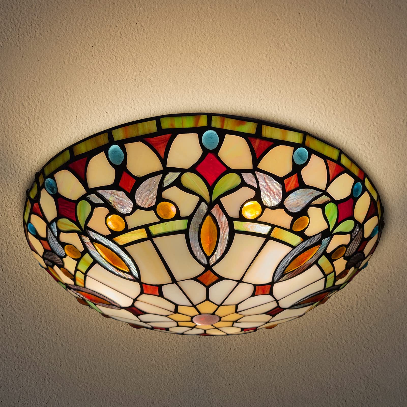 Artzone Tiffany Ceiling Light, 3-Lights Stained Glass Flush Mount, 16 Inch, Brown Cream, Model Ar164339Sf