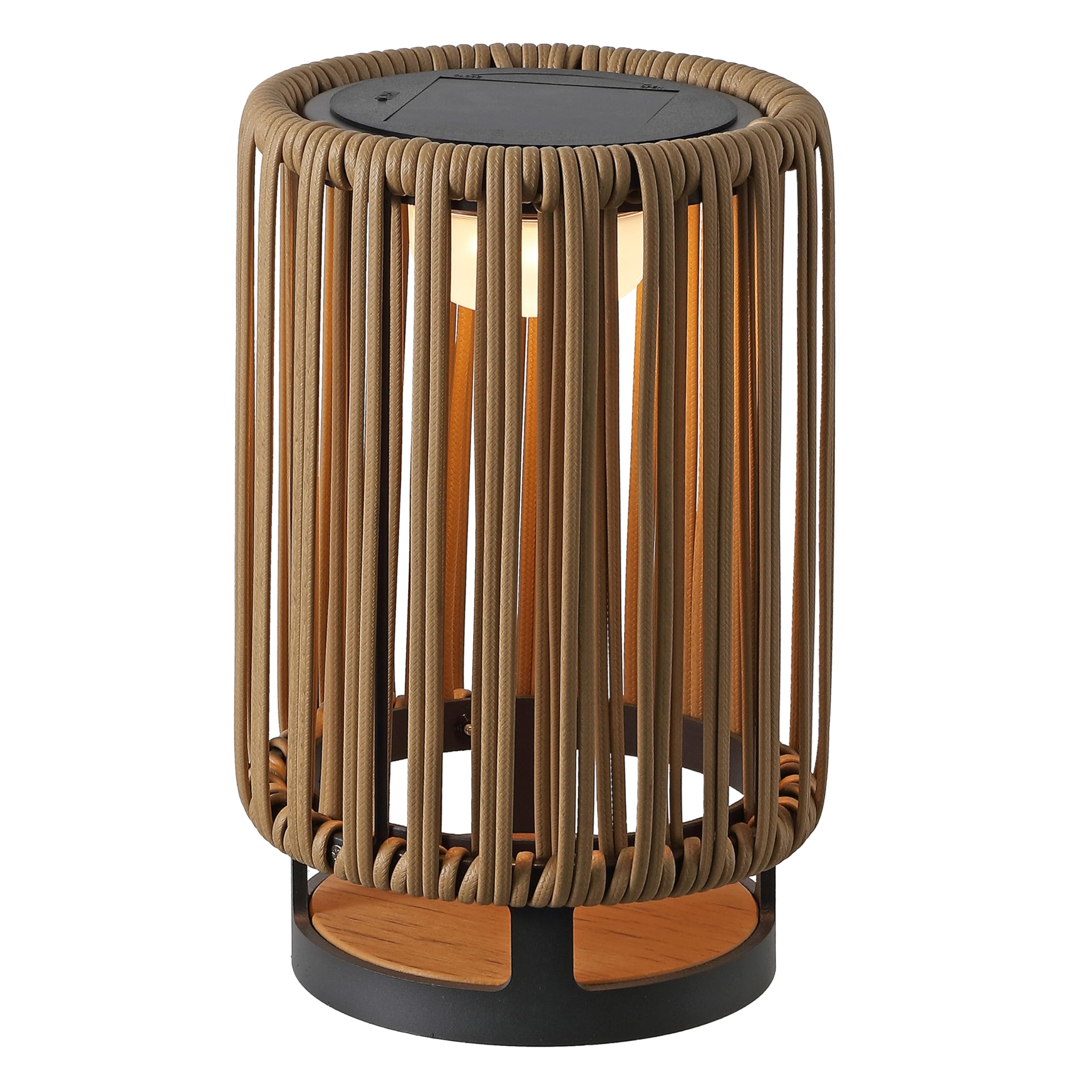 JONATHAN Y 12.5 Natural Modern LED Solar Powered Outdoor Lantern, 8.5 x 13 with Faux Rattan Shade, USB-C Rechargeable Cordless L
