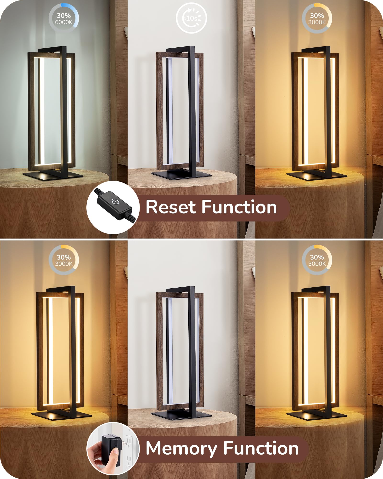 Edishine Modern Led Table Lamp - Dimmable, 3 Color Temp, Adjustable - Walnut Wood Finish