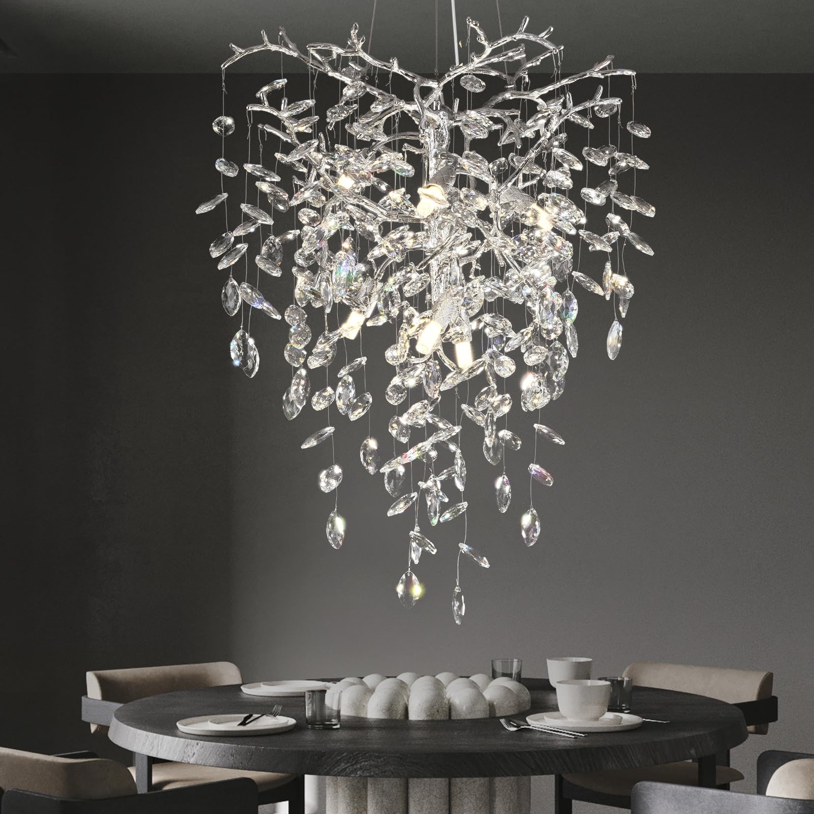 kvtinmty Silver Crystal Tree Branches Chandelier,21 Inchs 6 Lights Modern Round K9 Crystal Chandeliers for Dining Room, Bedroom,