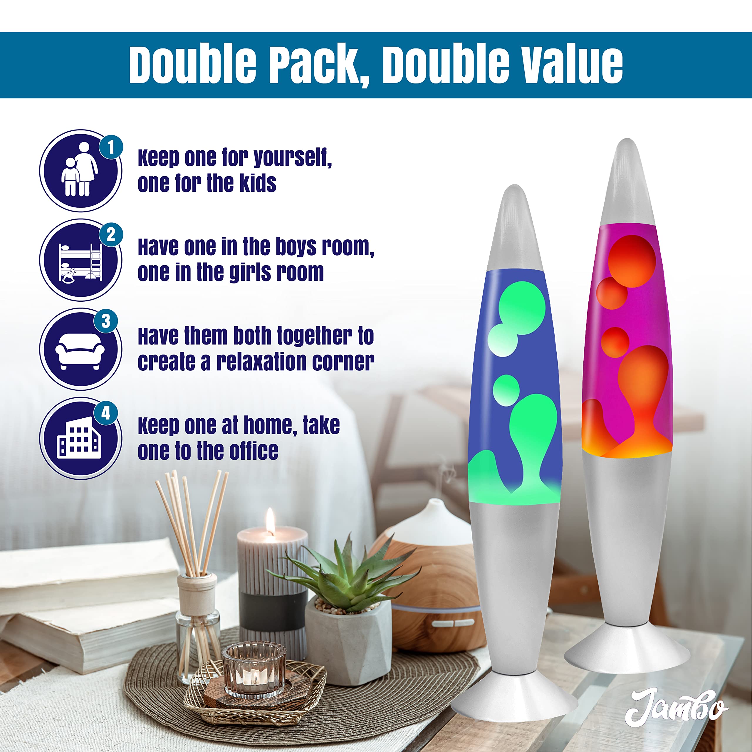 Jambo Liquid Motion Lamp Double Pack | 16in Wax, Silver Base, Blue & Purple Liquid