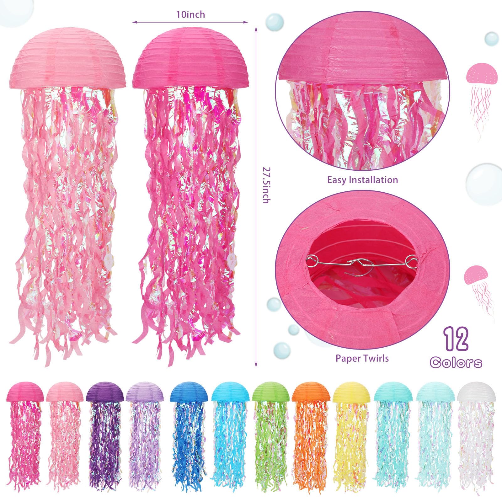 Baquler Set Of 12 Jellyfish Paper Lanterns Jellyfish Lanterns Hanging Decoration For Mermaid Sea Ocean Birthday Party Decorations (Multi Colors)