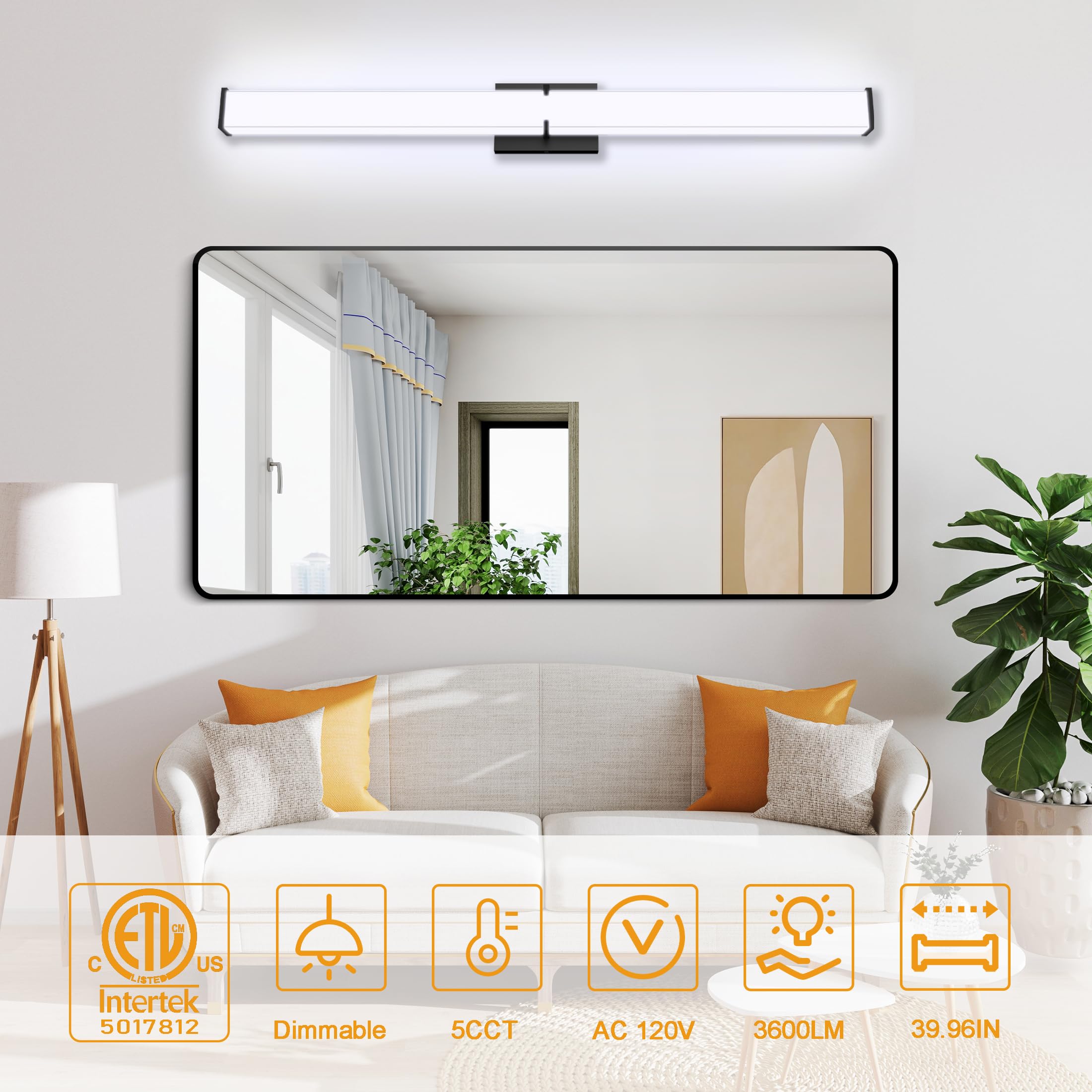 Bathroom Light Fixtures: 39.96 Inch Etl Certified Bathroom Vanity Light 5000K Cool White 40W 3600Lm - Modern Black Led Vanity Light Elegant Clear Shade  Bathroom Lighting Fixtures Over Mirror Dimmable