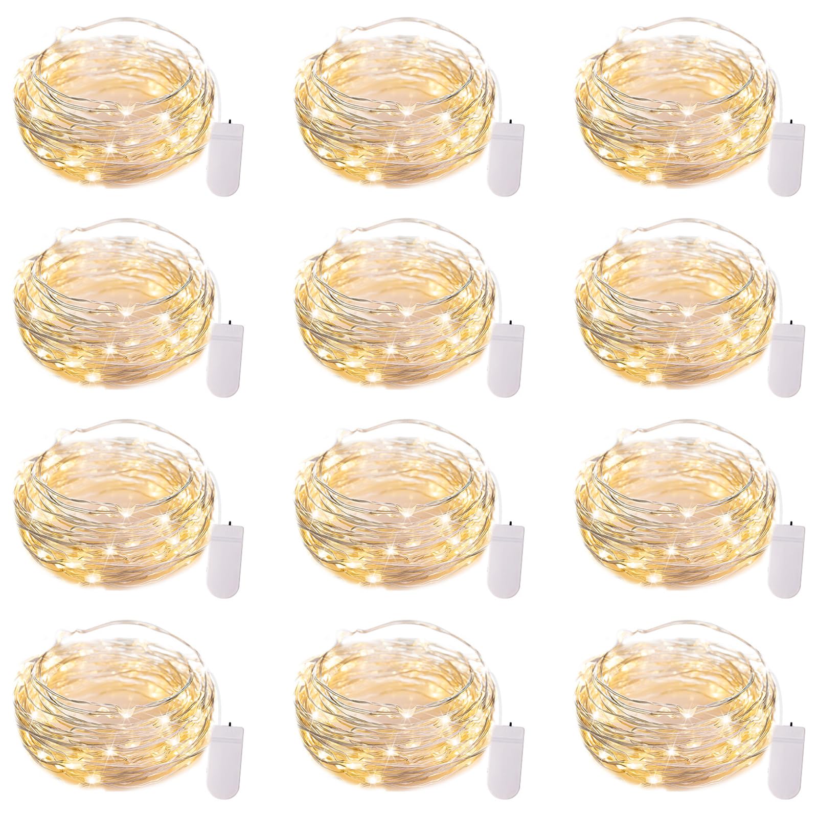 Brightown LED Fairy Lights 12 Pack, 7ft Warm White Waterproof Copper Wire, CR2032 Battery Operated for Crafts & Parties