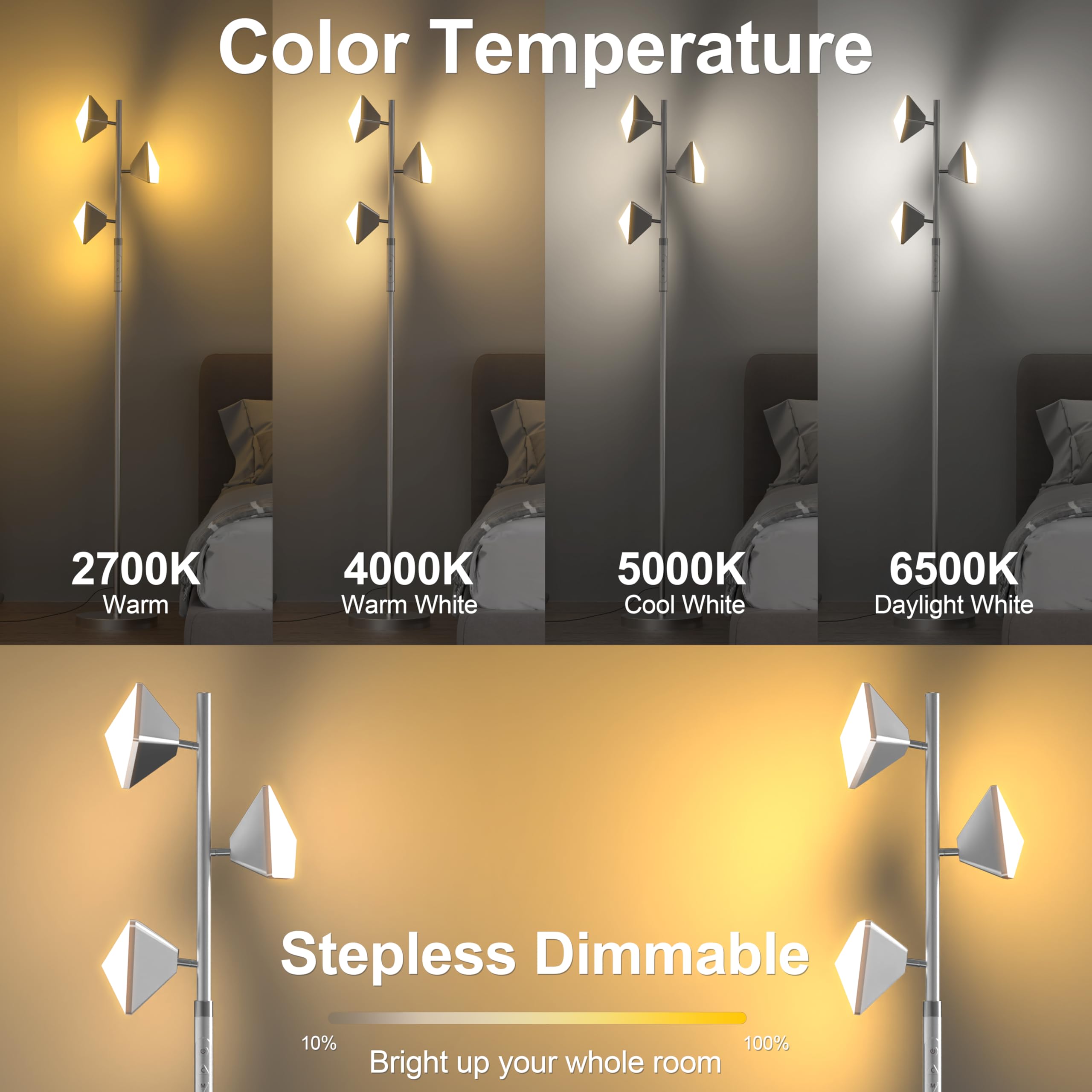 PARTPHONER RGB Tree Floor Lamp, Stepless Dimmable, Remote & Touch Control, Metal, Silver, Model FLA-036-A2-Silver
