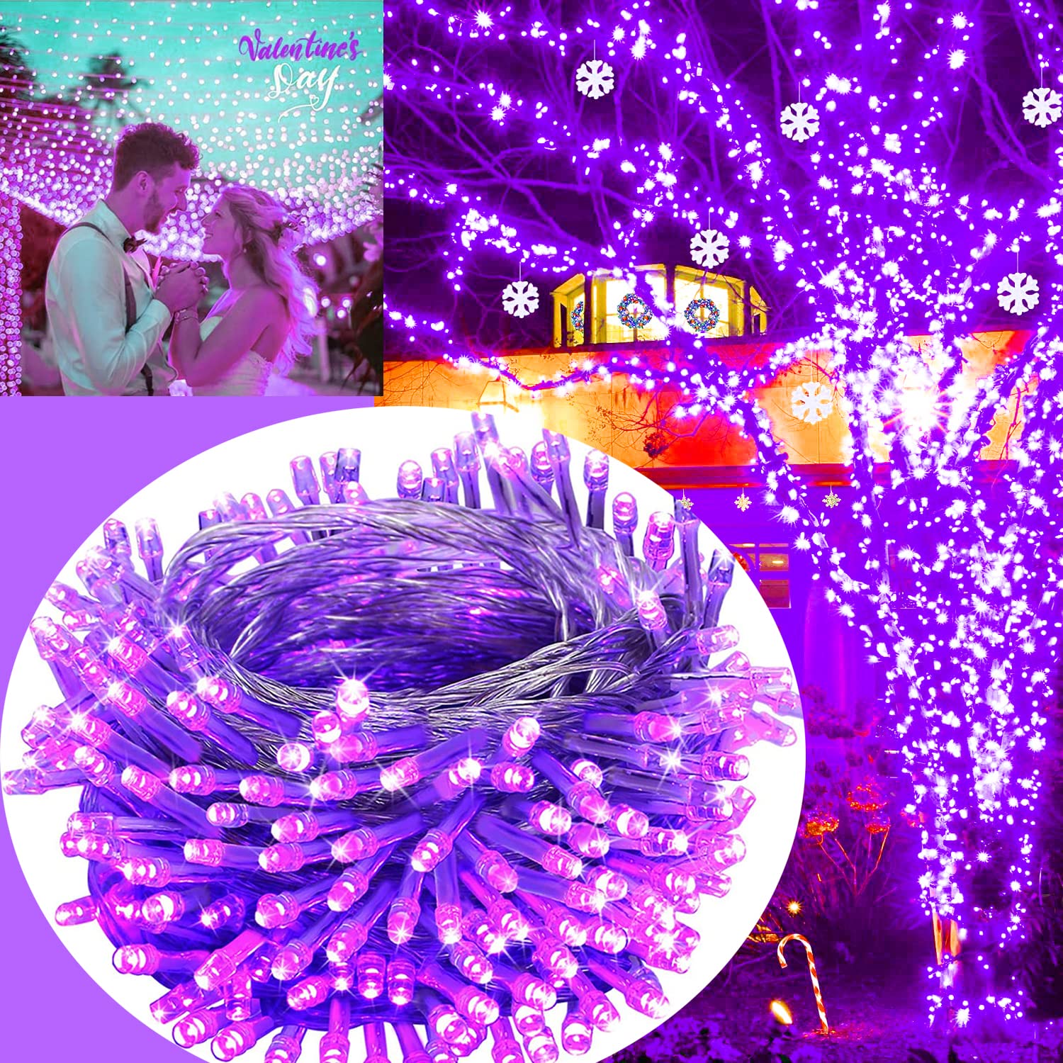 Fullbell Purple Christmas Lights Indoor, 8 Modes Plug In Purple Lights Clear Wire, Purple Christmas Tree Lights For Christmas, T