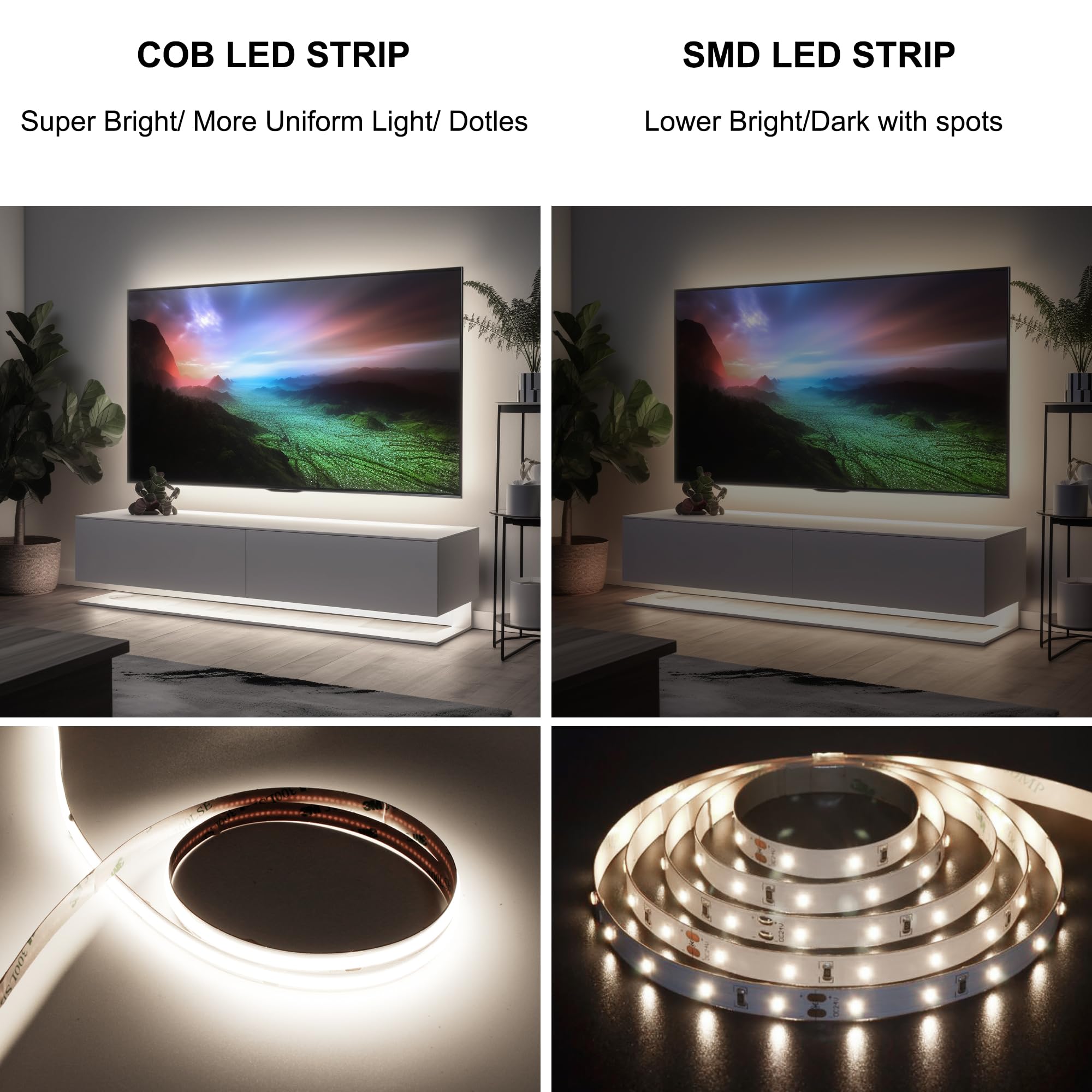 White Cob Led Strip Lights 32.8Ft, 6500K Dimmable Ultra Bright Daylight White 24V Led Light, 3200 Leds Flexible Cri 93+ Cob Light Strips For Room, Mirror, Kitchen, Bedroom(Remote Control Not Included)