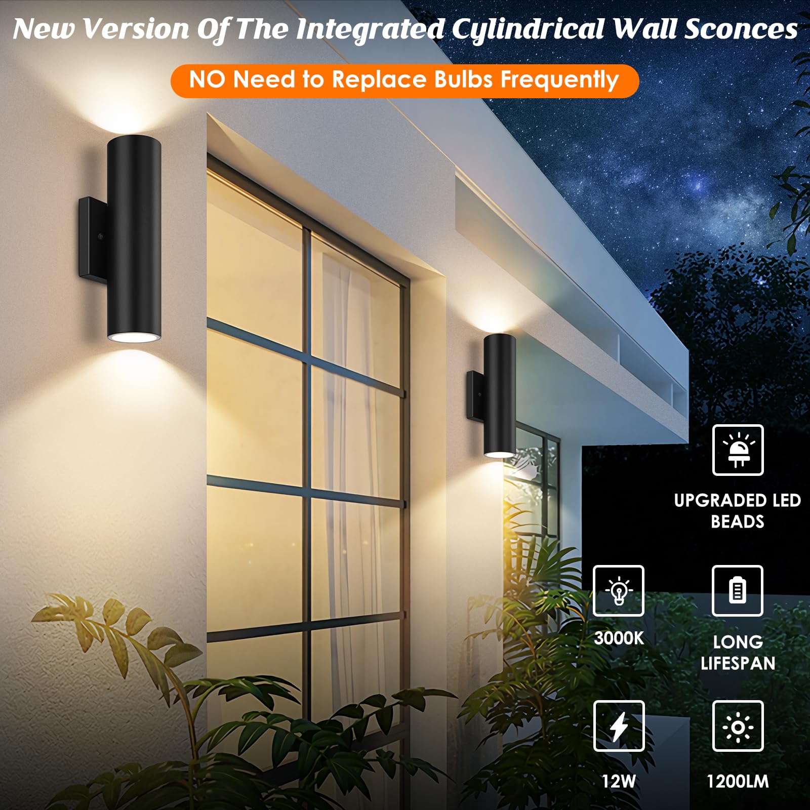 Gobright Outdoor Wall Lights 12W 3000K Led Cylinder Sconce, 1200Lm Waterproof, 2-Pack Black