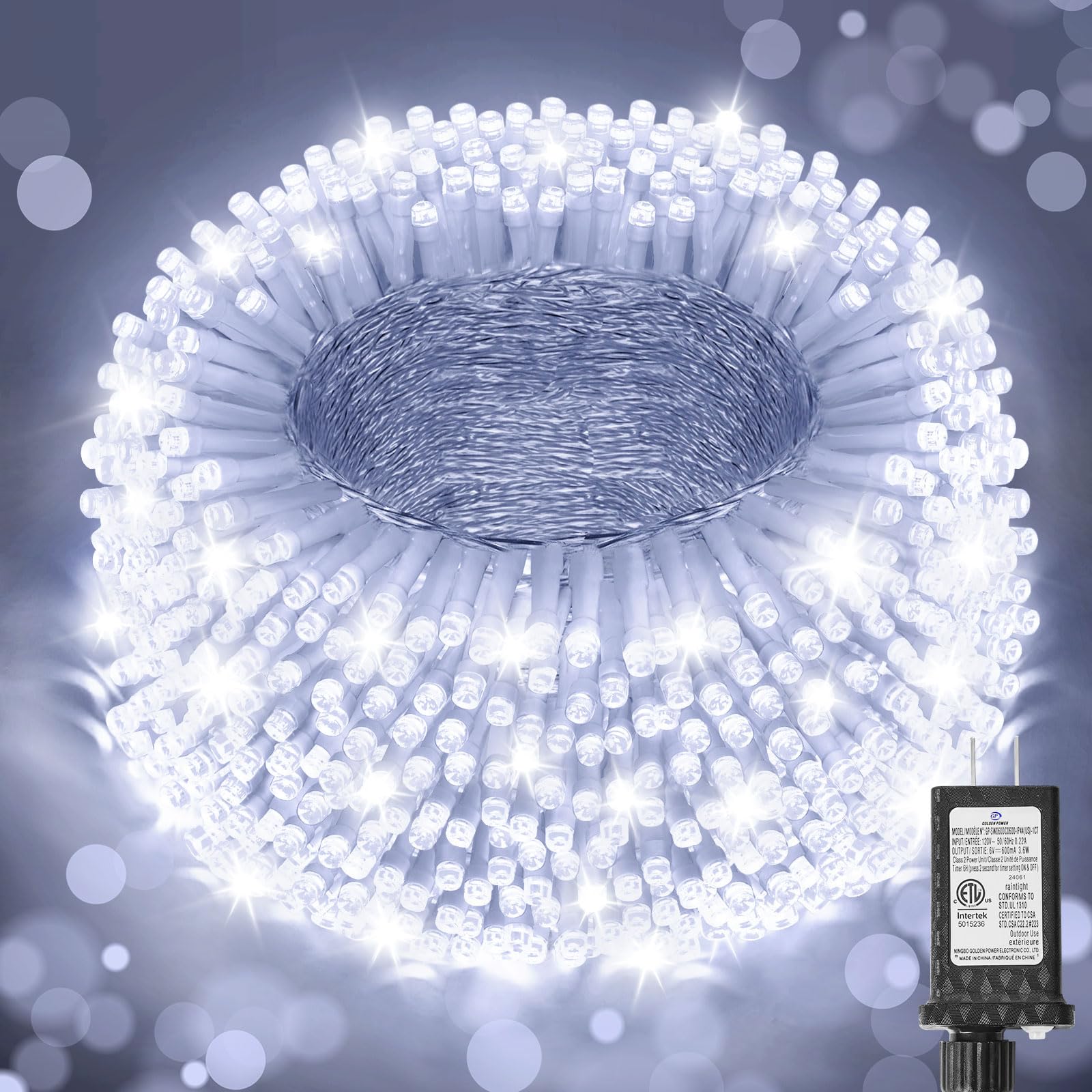 JIXXULVU 355FT 900 LED Christmas Lights, Waterproof Outdoor String Lights, Timer & Memory, Dimmable, Cool White, Model 300L