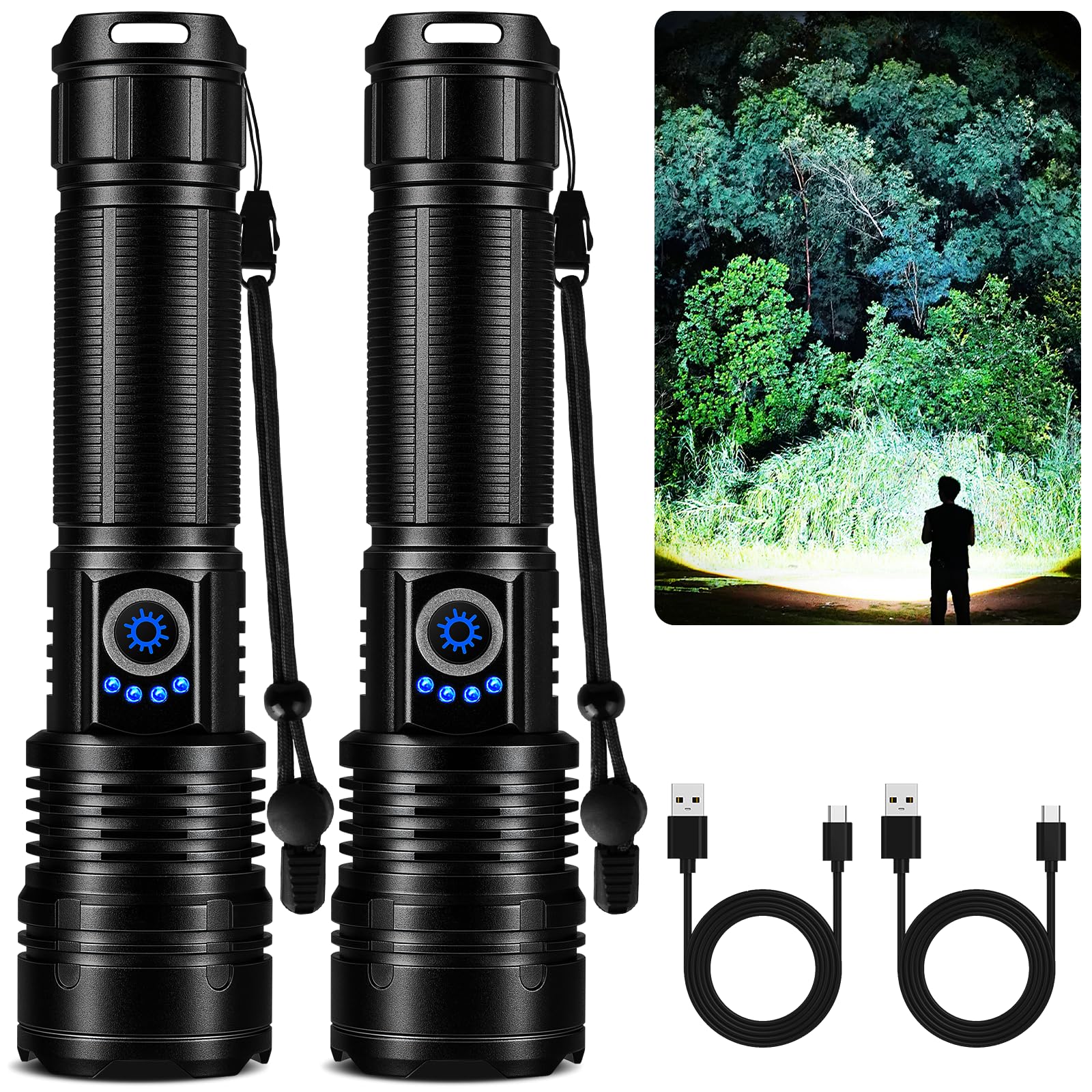 Flashlight Rechargeable 99,000 High Lumen, 2 Pack Super Bright Rechargeable Flashlights for Home, 15H Long Life LED Flash Light 
