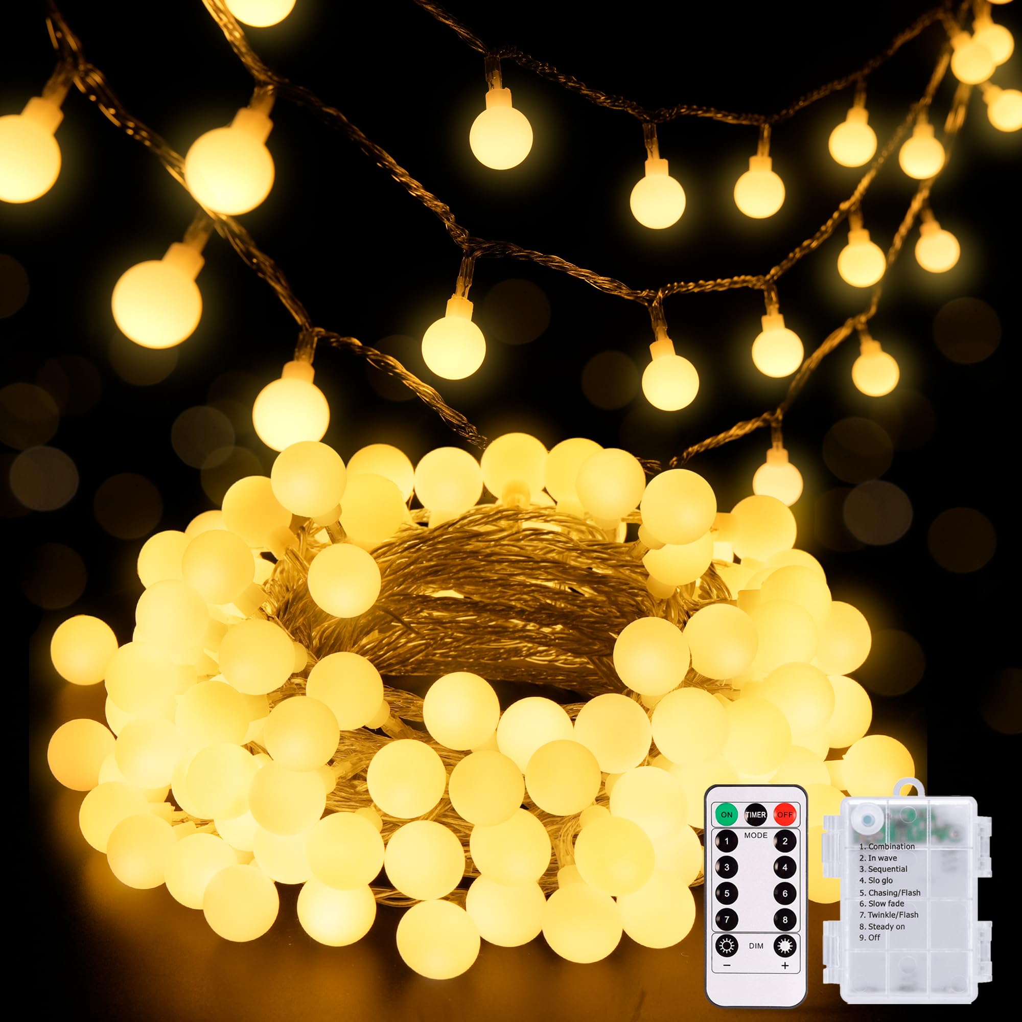 JMEXSUSS 100 LED Globe String Lights, Battery Operated, Waterproof, 33FT, Warm White, Model EXS-S-0100-R