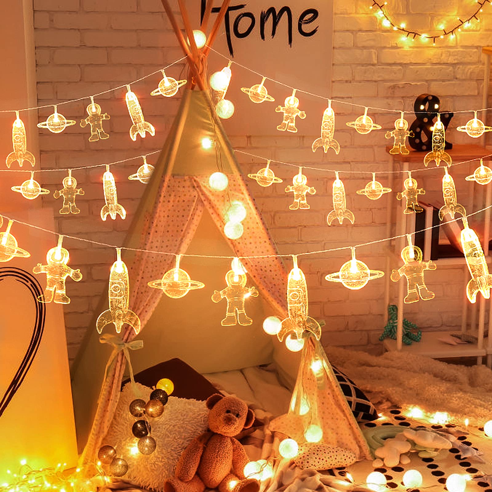 20 Led Children'S Room Led String Light Astronaut Spaceship Rocket Pendants Holiday Party Lights Wall Window Nursery Or Kids Room Decor Wedding Around The Garden Party Patio Christmas (Warm White)