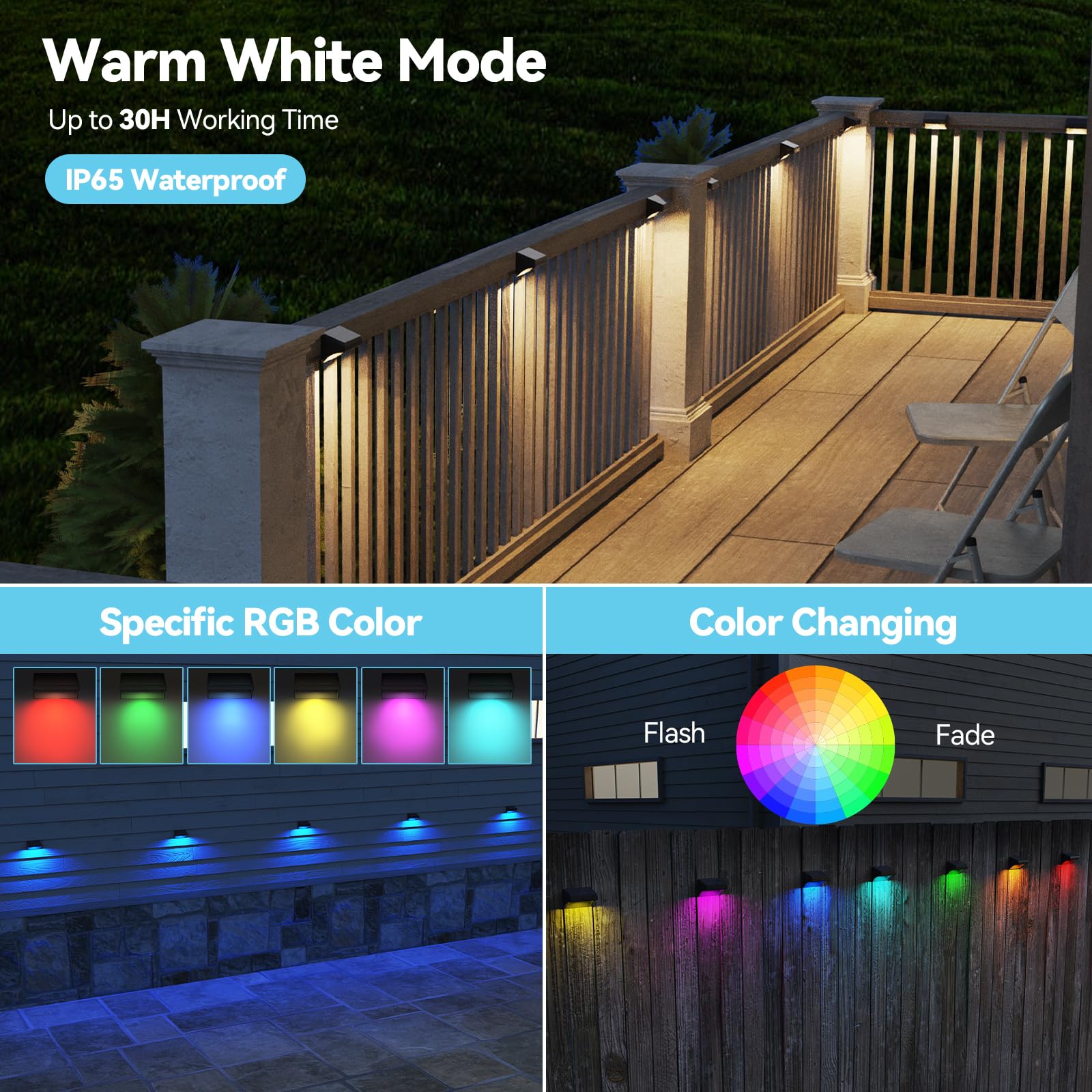 Bridika Solar Fence Lights, 12 Pack Warm White & RGB LED Outdoor Waterproof Lights for Patio, Deck, Pool - Model QS31024