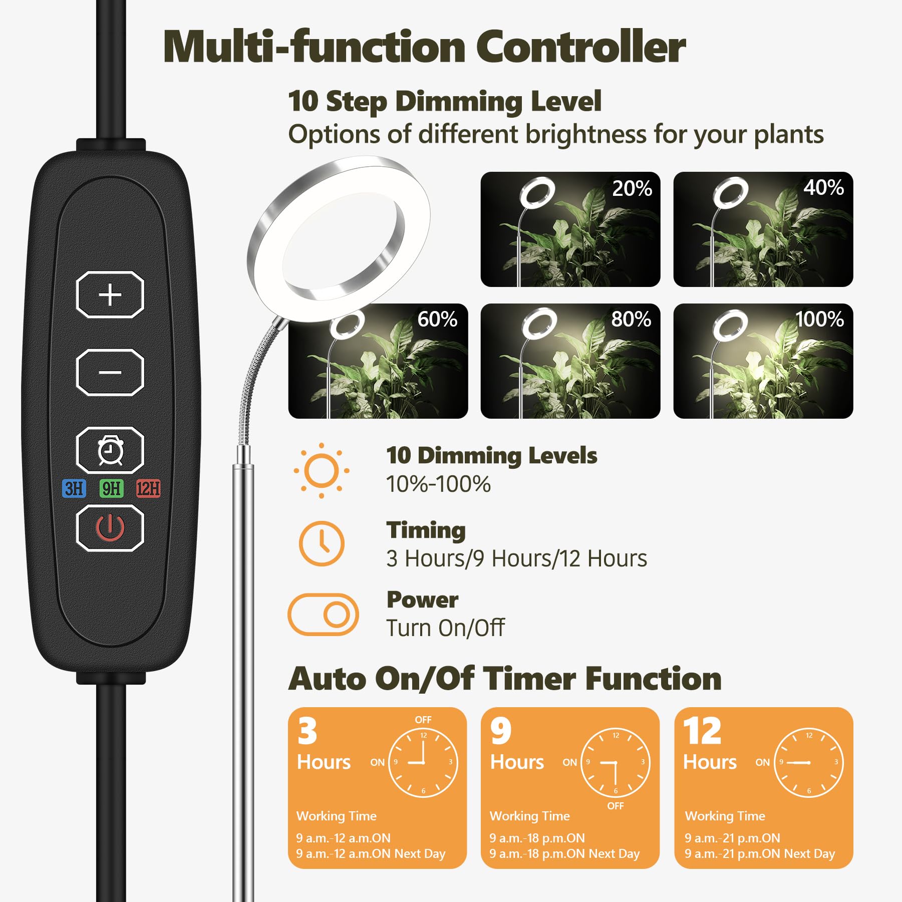 Vsoke Plant Grow Light, Grow Lights For Indoor Plants Full Spectrum, 20W Led Floor Plant Growing Lamp With Height Adjustable Stand, Off Timer 3/9/12H, 10 Dimmable Brightness For Small Large Plants