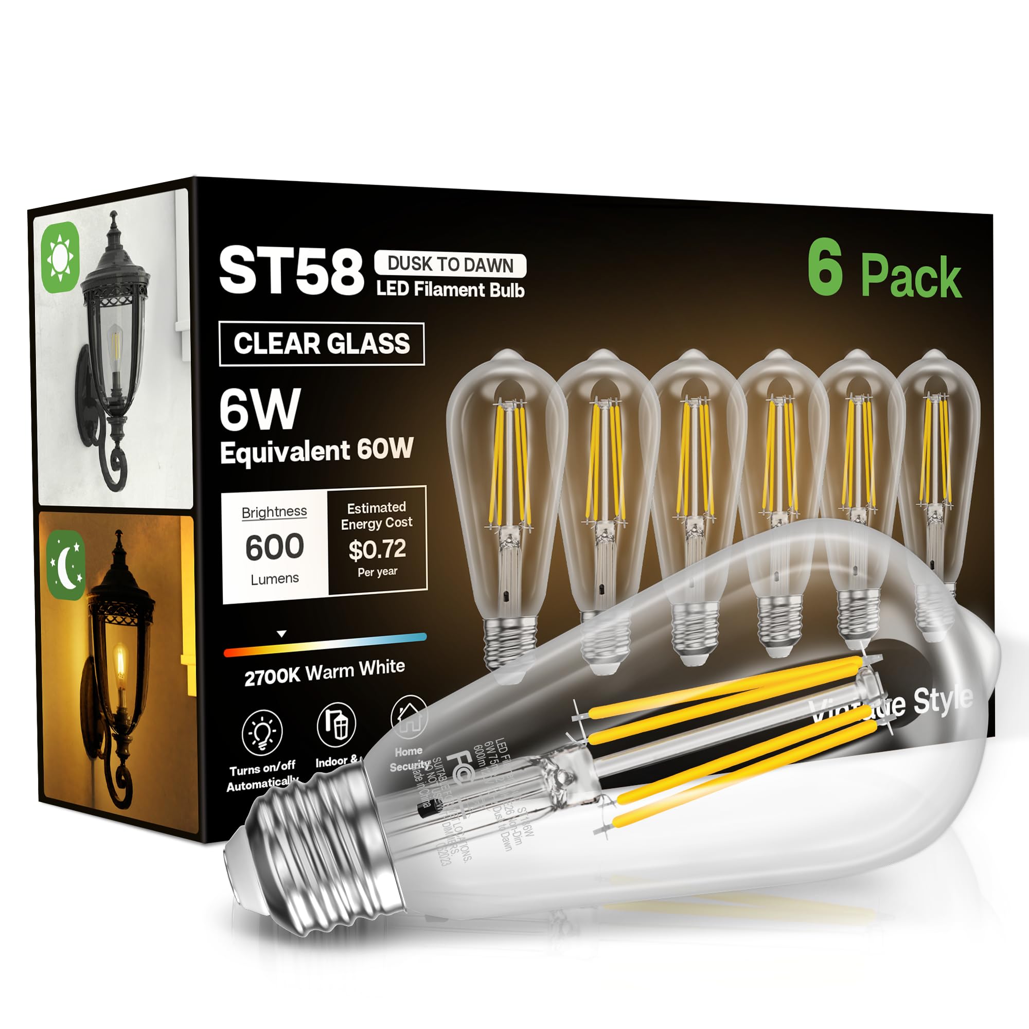 Eastiya Dusk to Dawn Light Bulbs, 6W Equivalent, Soft White 2700K, E26 Base, 600LM, Vintage Style, 6 Pack
