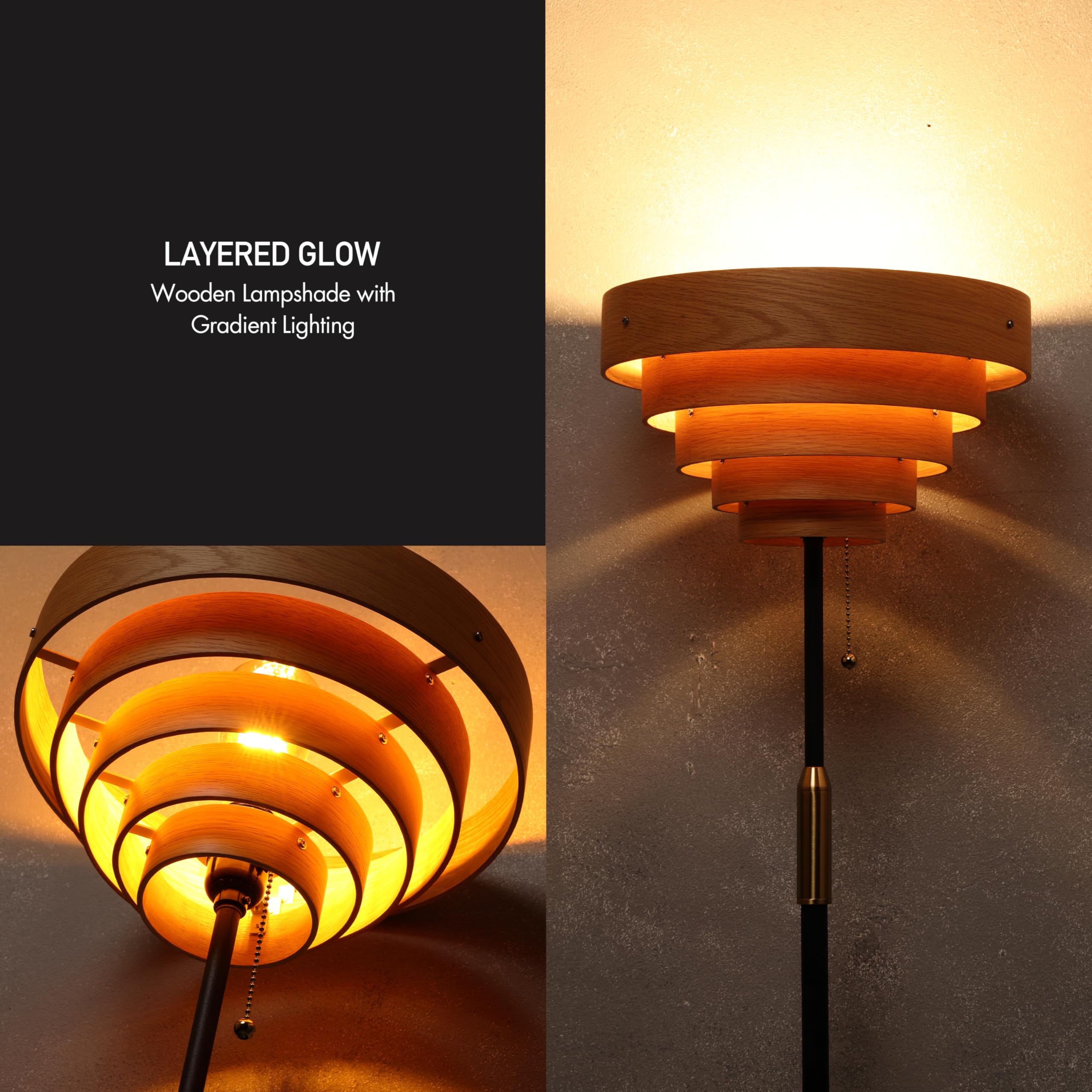 O'Bright Cascade Floor Lamp - Modern Wooden Layered Lampshade, E26 Socket, Pull Chain Switch, Metal Base, Standing Lamp For Livi