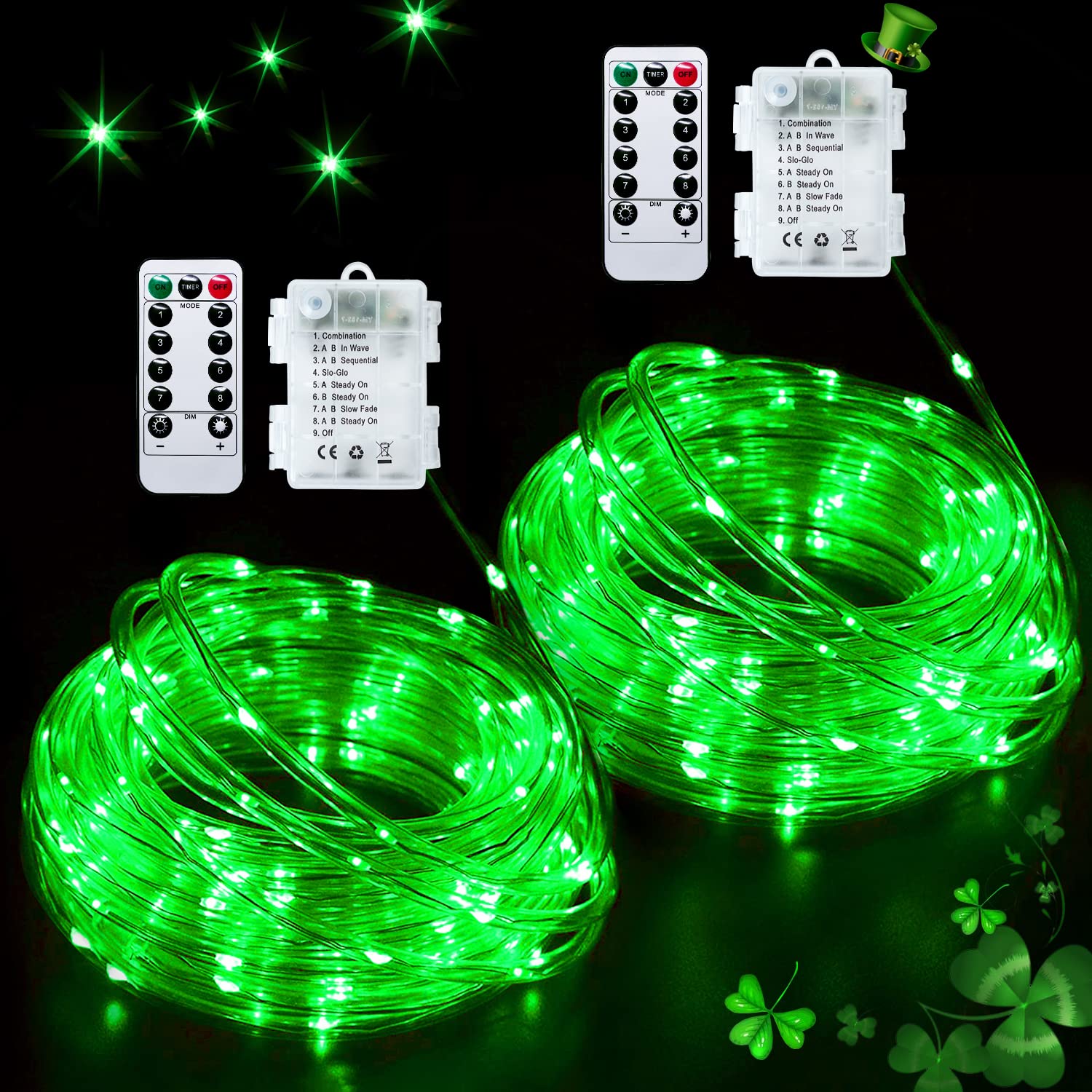 JMEXSUSS Green Rope Lights 100 LED Battery Operated 33ft 2 Pack Outdoor Waterproof for Christmas & St. Patricks Day Decoration