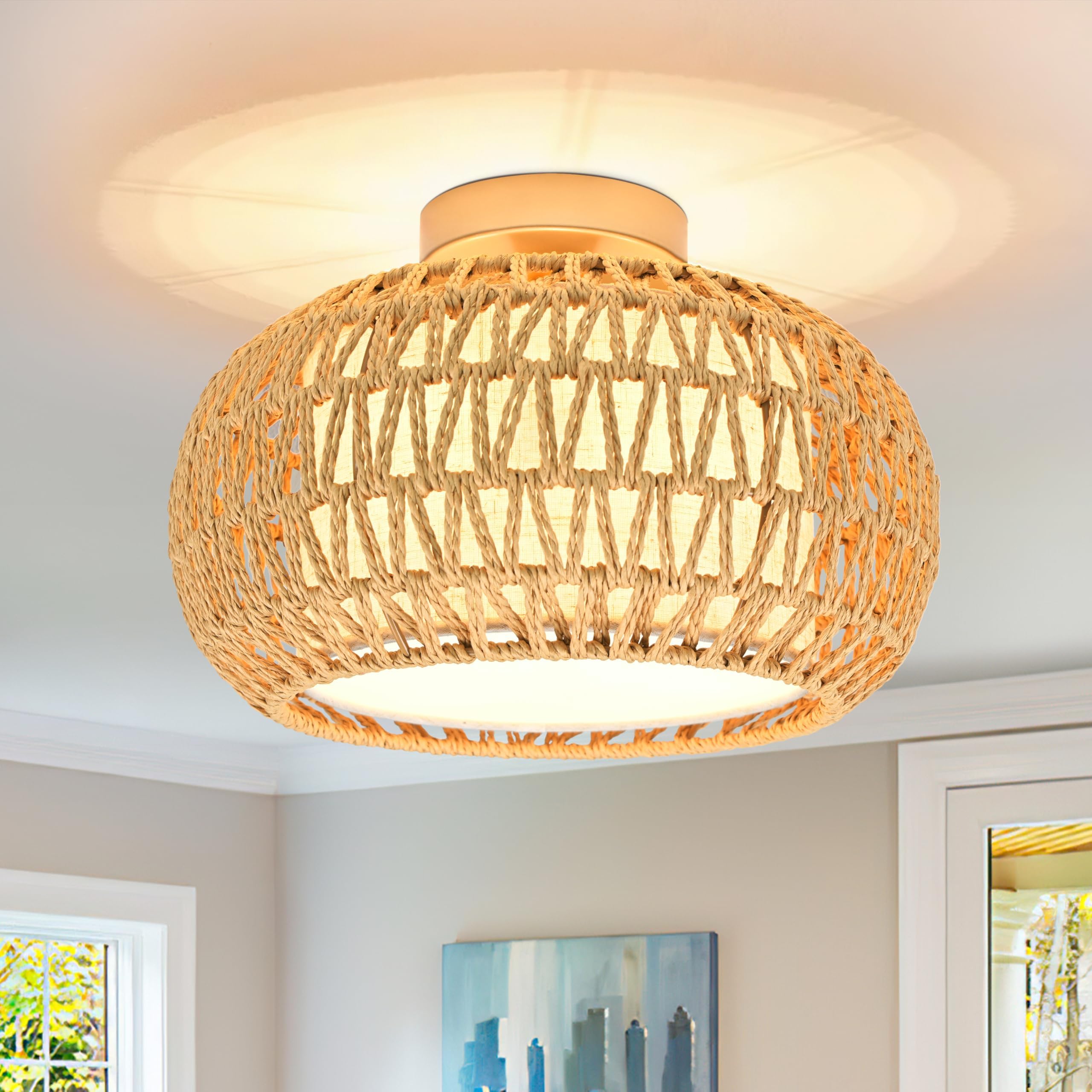 3-Light Rattan Flush Mount Ceiling Light Fixture,12'' Farmhouse Ceiling Lights For Bedroom,Farbic Shade Rattan Ceiling Light Boh